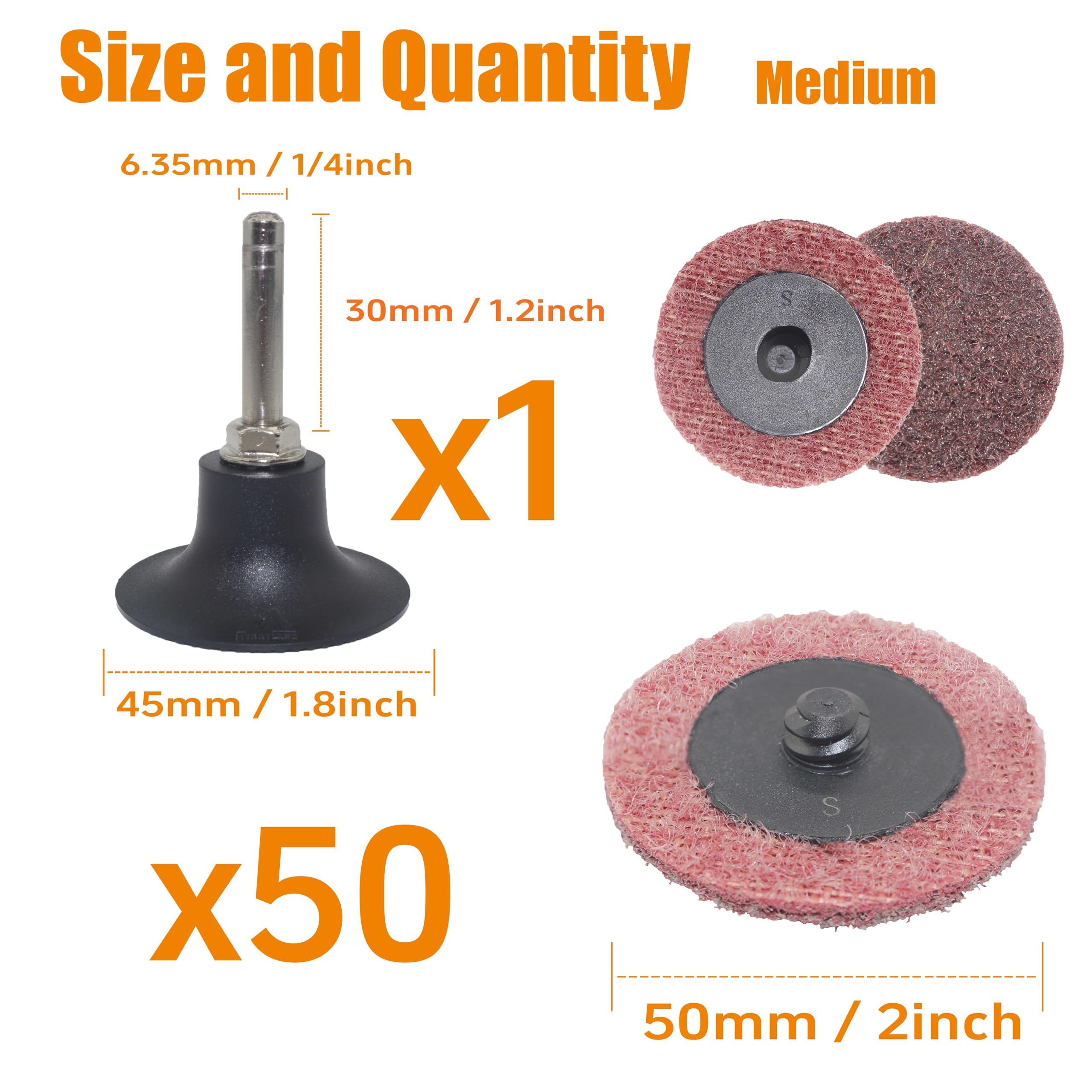 Merryland Krążek Do Kondycjonowania Powierzchni 50mm Szlifierka Trzpieniowa, 50 mm Średni Dysk Do Przygotowania Powierzchni 50 Sztuk Trzonkiem 6,35mm, Dyski Włókninowe Farby Rdza Metal Stal, DGTAA52C2