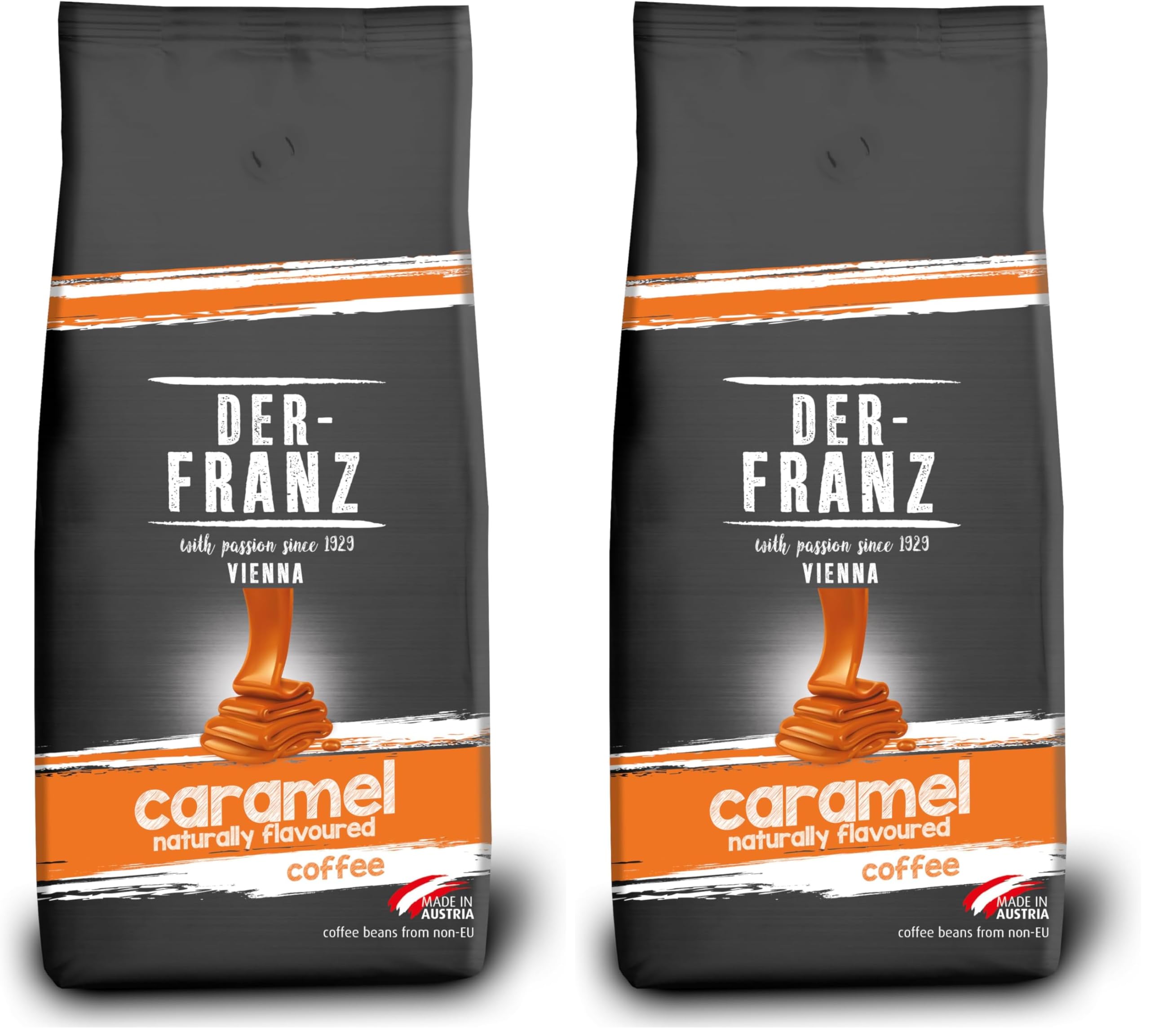 Der-Franz Café, Aromatizado con caramelo, Café mezcla de Arábica y Robusta granos enteros, 1000 g (Paquete de 2)