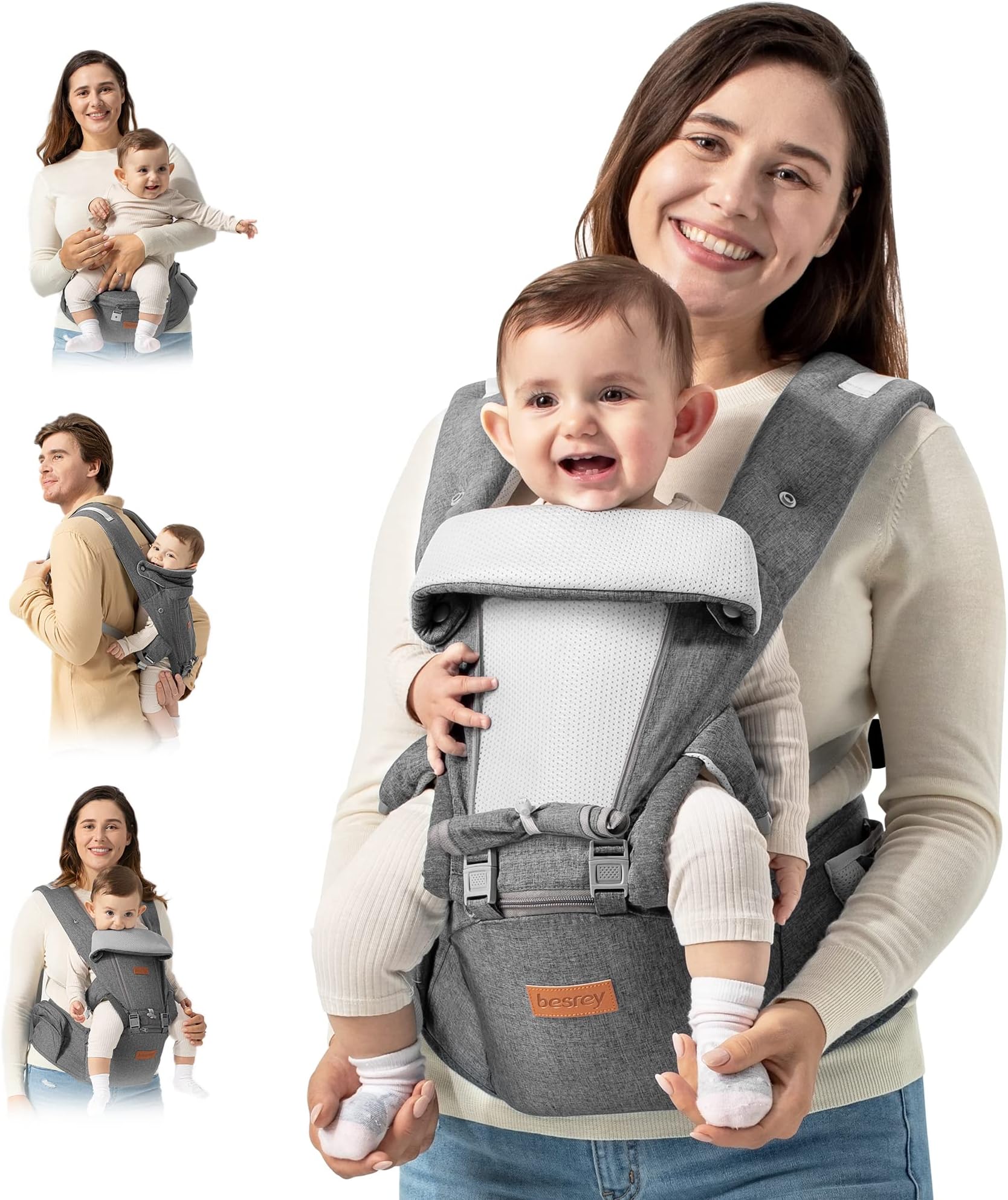 Baby Carrier with Hip Seat Newborn to Toddler, Summer Mesh Front Facing Infant Carrier, Baby Body Holder Chest with Back Support, Front Back Pack with Strap for Men Women Hiking Lumbar Support
