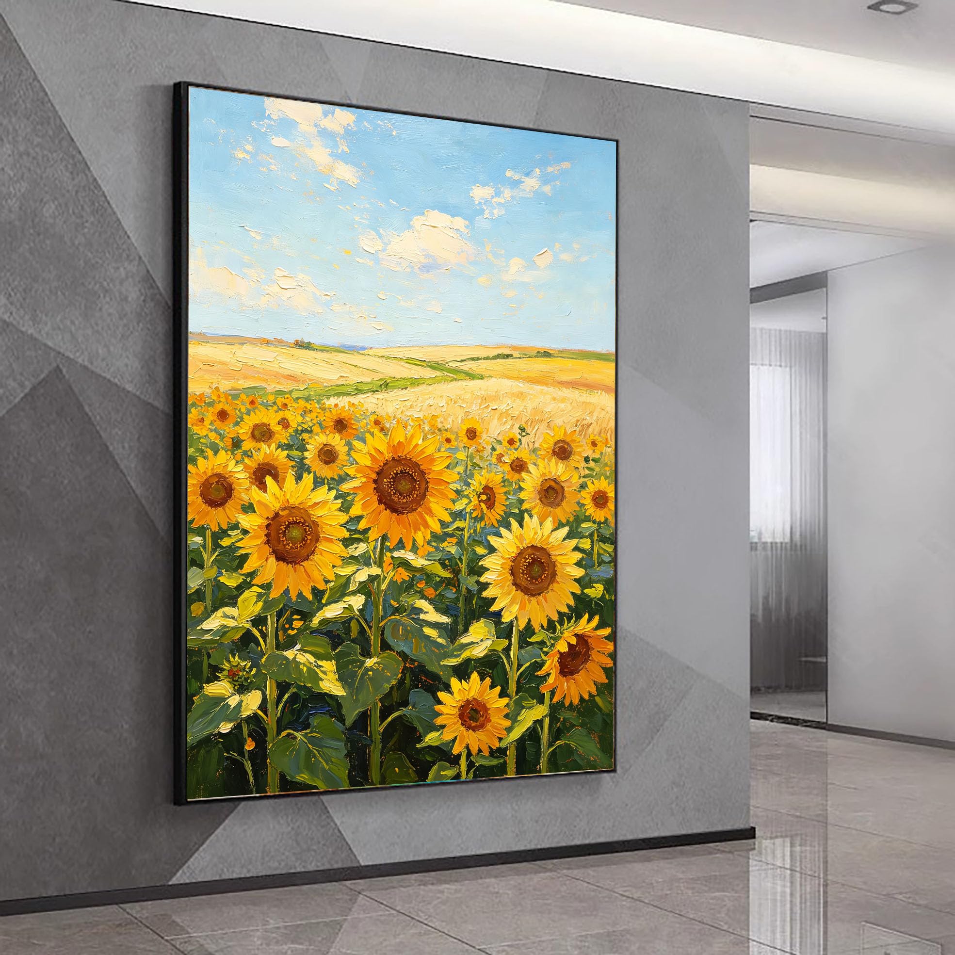 LCDIUDIU Dipinto A Olio Su Tela, Paesaggio Materico Dipinto A Mano, Senza Cornice, Campo Di Girasoli, Grano Dorato, Cielo Blu, Opera D'Arte Su Tela, Prato Rurale, Decorazione Murale per La Casa, Sog