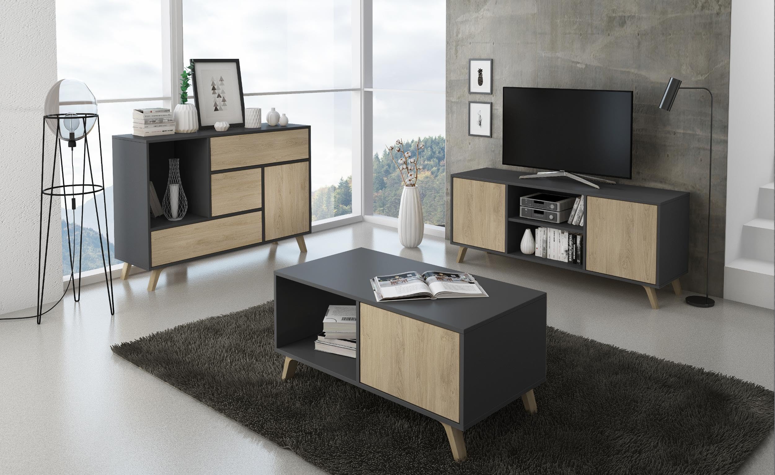 Skraut Home | Ensemble Buffet + Meuble TV + Table Basse pour Salon | Modèle Wind | Ensemble Salle à Manger | Structure Résistante | Montage Facile | Finition Gris/Puccini