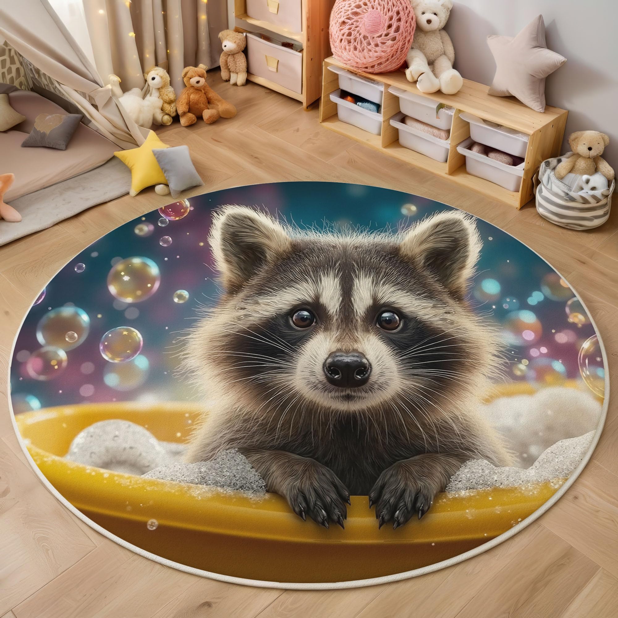 Tapis rond animaux amusants bleu marron antidérapant pour chambre de bébé