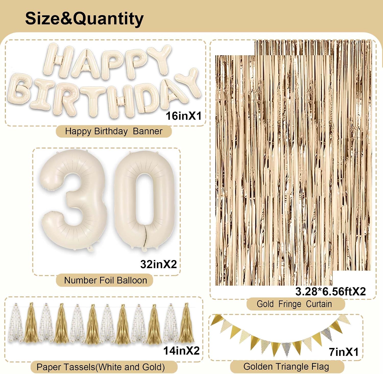 30th Birthday Decorations for Women, White and Gold 30 Boho Birthday Party Supplies Includes Number Balloons, Banner, Fringe Curtain, Cake Topper image 3