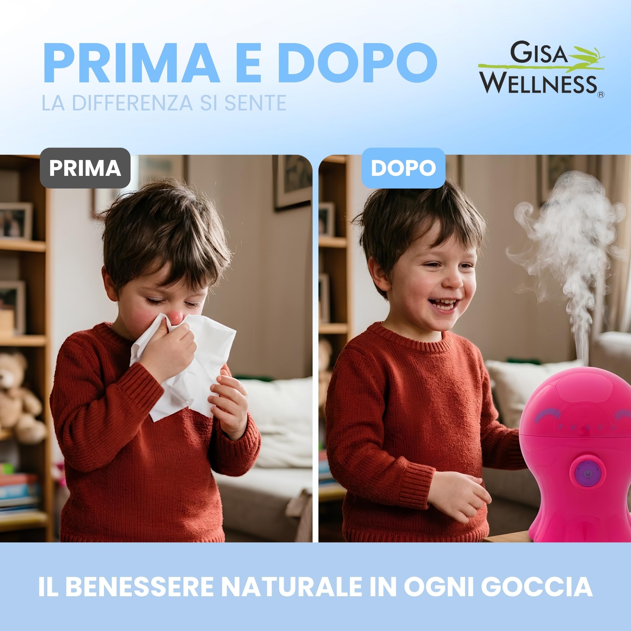 Respiro Kids 15ml, Sinergia di Oli Essenziali Balsamici per Bambini con Niaouli, Abete, Rosmarino e Lavanda, Oli Essenziali Puri per Diffusori, Aromaterapia Compatibile con Polipini Gisa Wellness