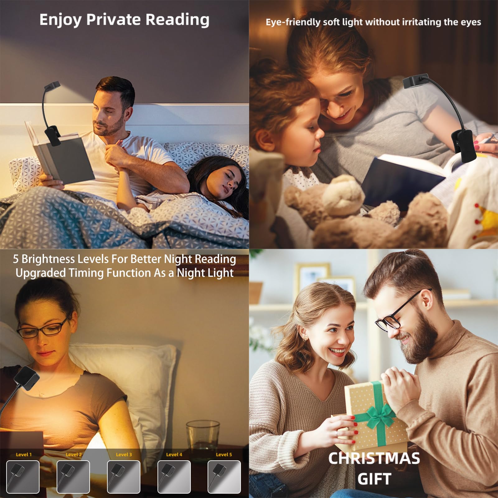Wiederaufladbare Buchlichter zum Lesen in der Nacht im Bett, wiederaufladbares LED-Buchlicht mit Memory-Funktion, leichtes Bücherlicht, Bulk-Clip, kleine Reise-Leselampen für Buchliebhaber