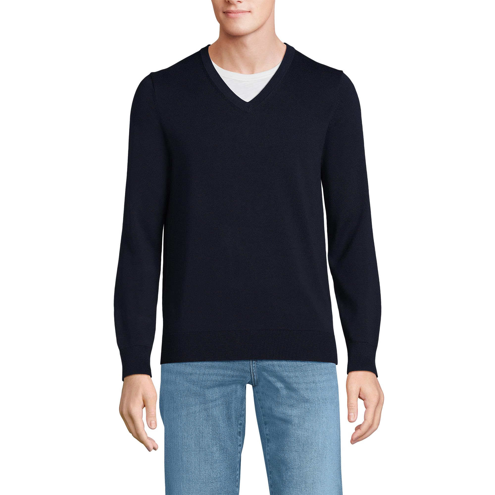 Lands' End Men's Fine Gauge Cotton V Neck Sweater