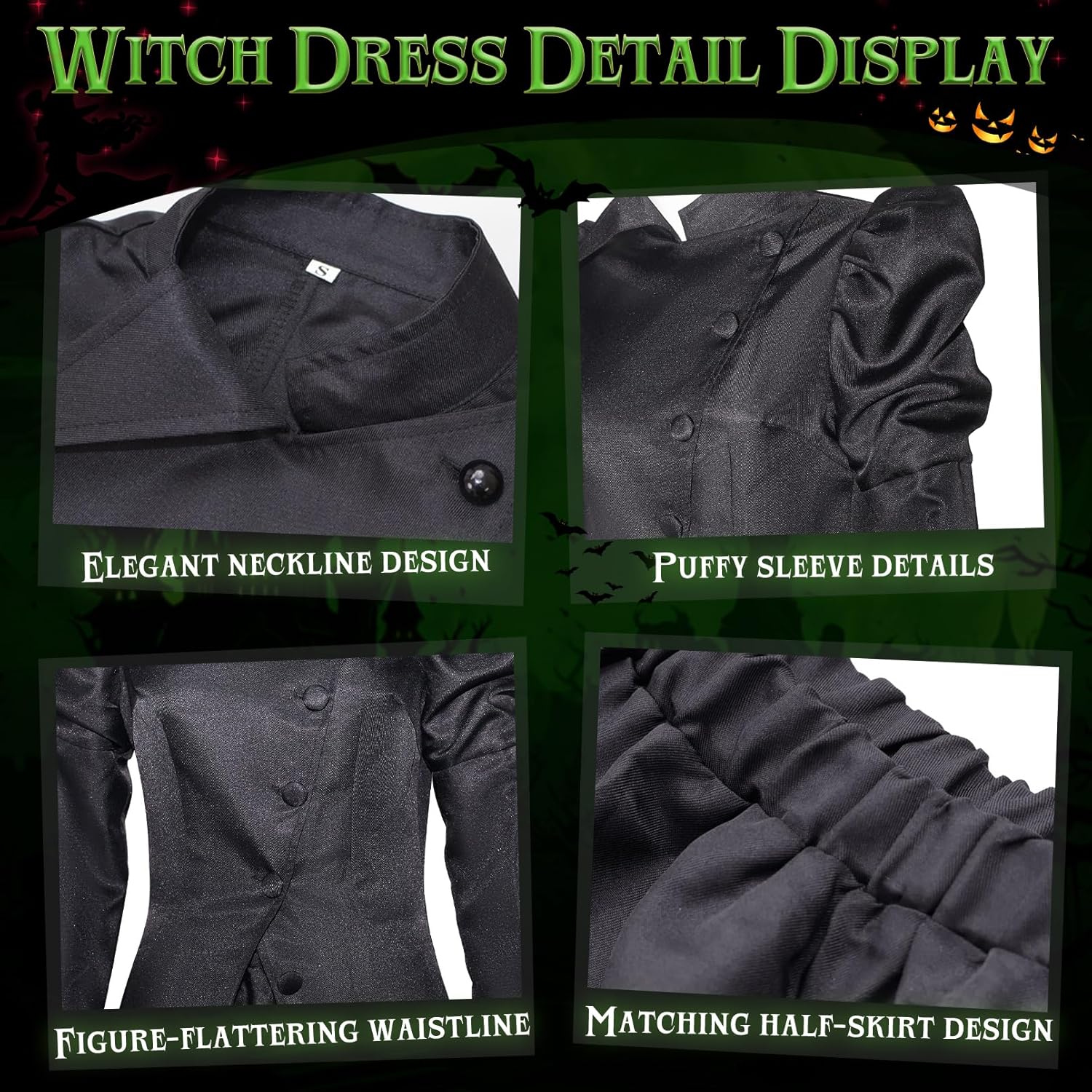 Halloween Witch Costume Women - Adult Witch Costume Black Dress with Witches Hat, Green Gloves Cosplay Outfits - Image 6