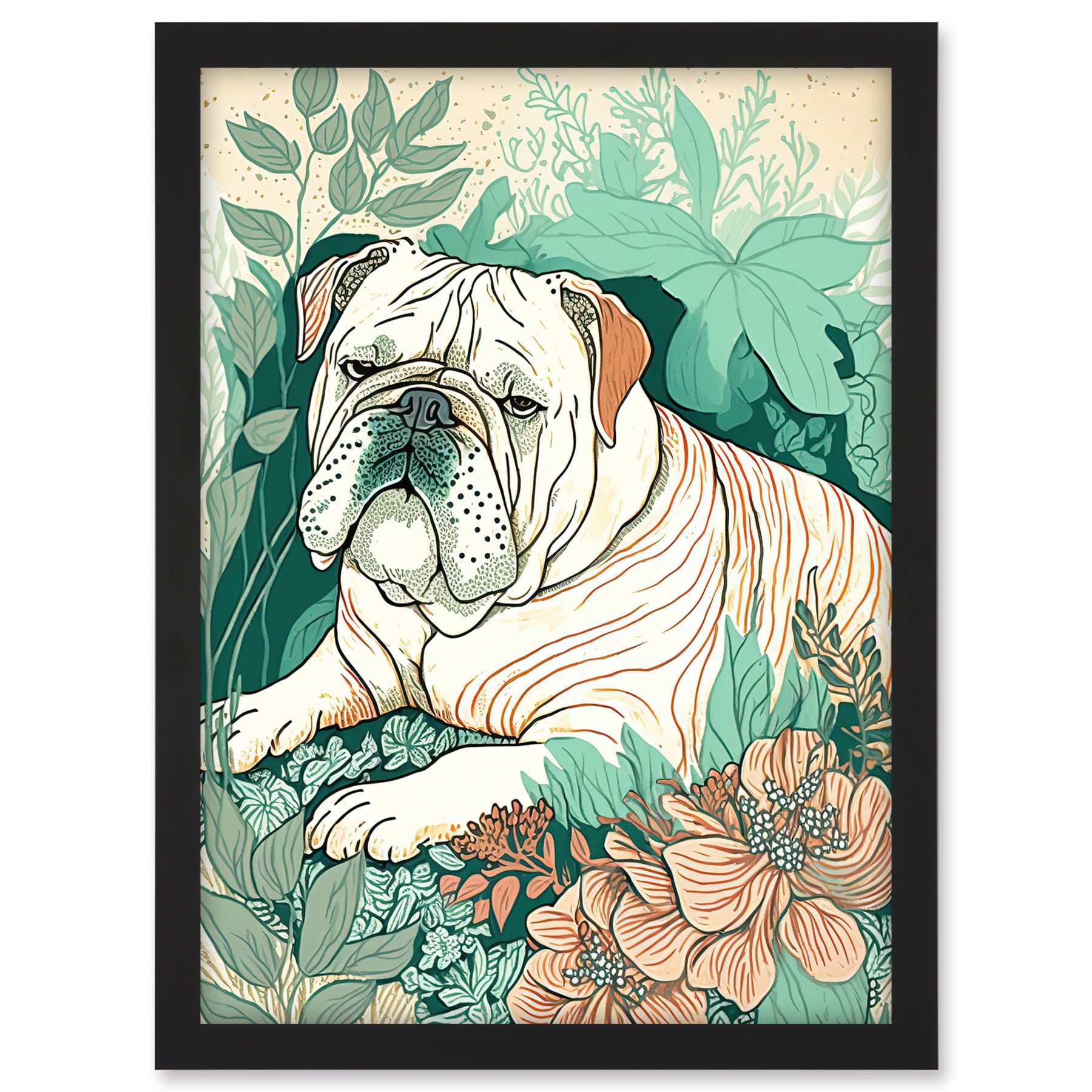 Artery8 Bulldog Lying in a Flower Field Modern Pastel Colour Linocut Illustration Artwork Framed A3 Wall Art Print