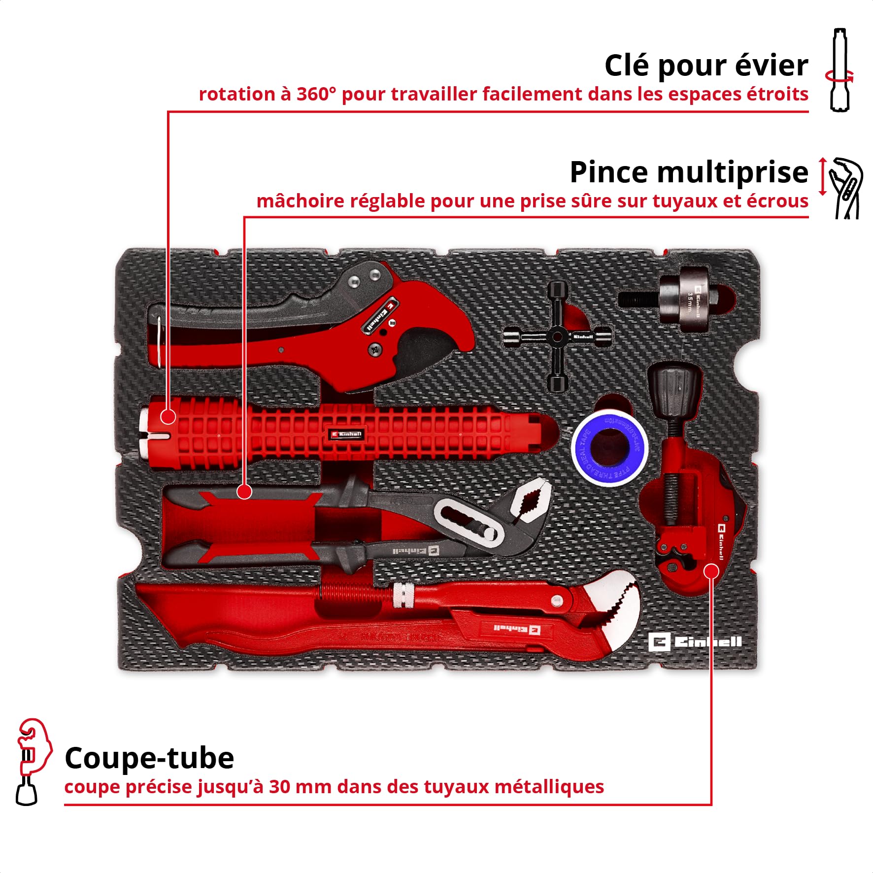 Einhell E-Case insert d’outils 8 pièces avec kit d’installation sanitaire | Kit plomberie | coupe-tube | clé lavabo multifonction | emporte-pièce tôle | clé armoire électrique | ruban isolant | pinces