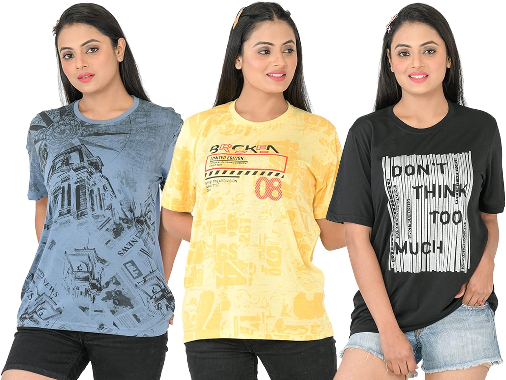 SHAUNWomen T-Shirt (N704WT3_D46_Multicolored_3XL_Pack of 3)