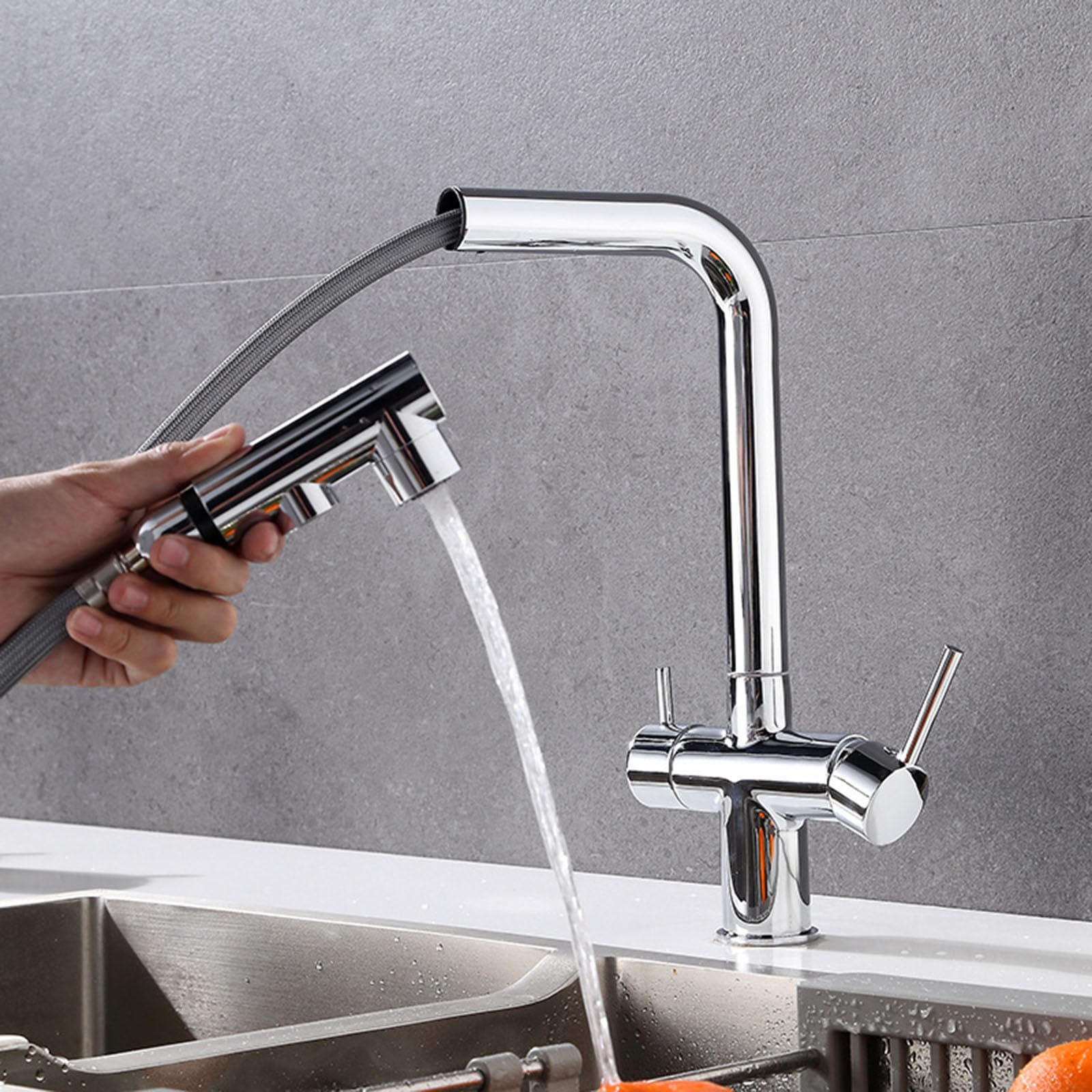 ZYCHSJXA Kitchen Tap 3 Way Pull Out Swivel in 1 Single Hole Brass Sink Taps Way-Chrome
