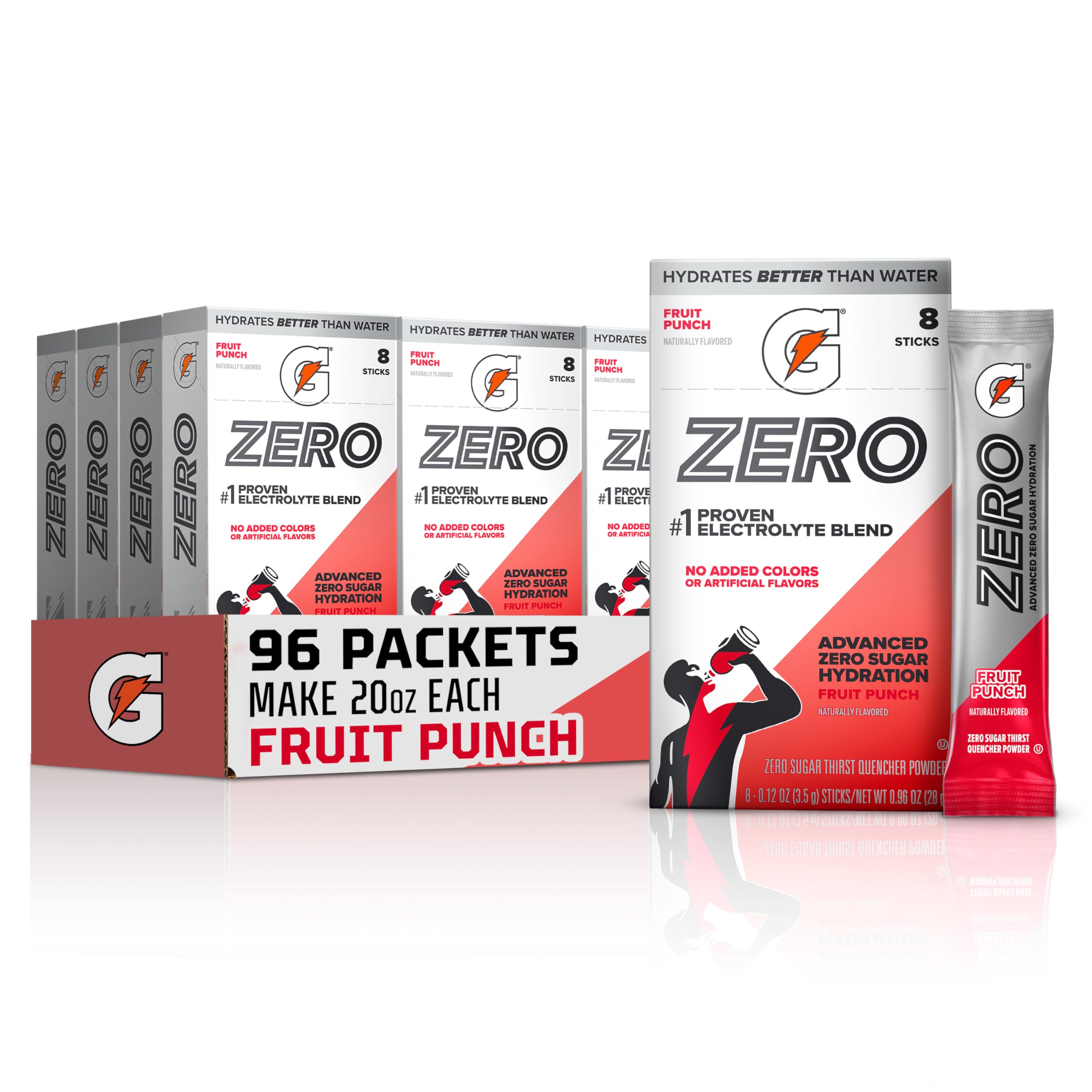 Gatorade Zero Sugar Electrolyte Powder Drink Mix, Fruit Punch, (96 Servings), No Artificial Flavors, No Added Colors, Zero Sugar, Sports Drinks, Hydration, Electrolyte Drink