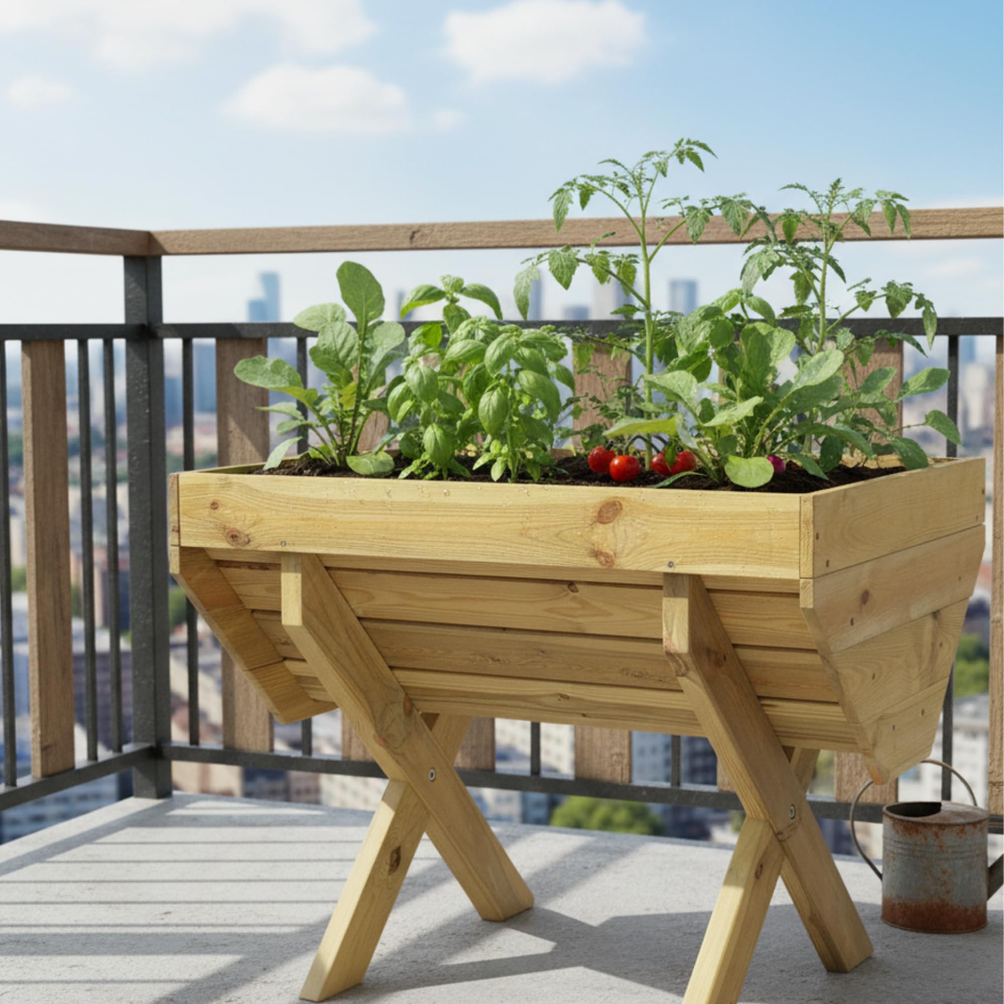 Huerto Urbano Terraza 50 cm de madera FSC – Ergonómico en forma de V – Huerto Elevado con impregnación ecológica – Mesa de Cultivo con lámina y patas de plástico – para verduras y hierbas aromáticas