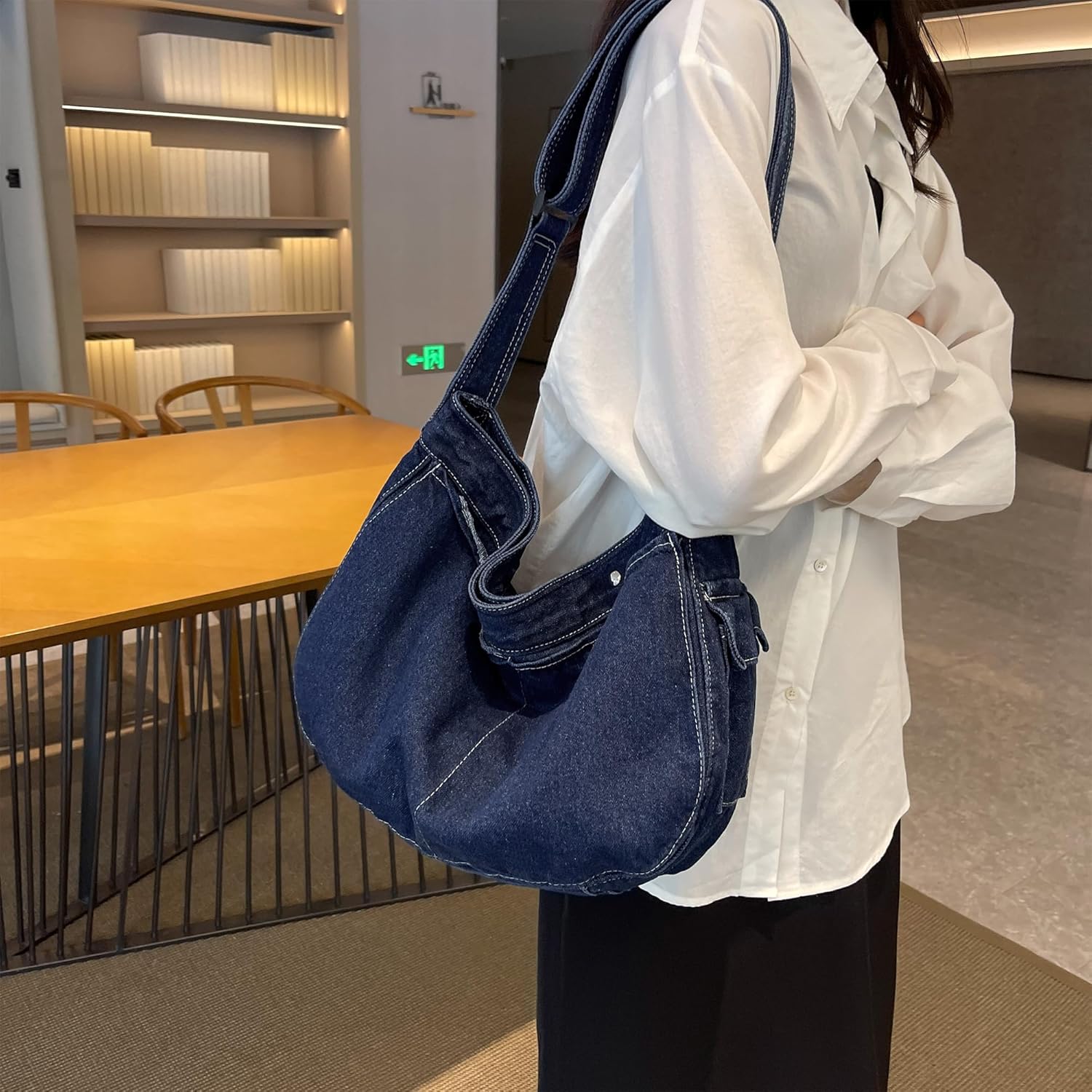 Denim Messenger Bag Large Hobo Crossbody Bag Casual Shoulder Handbag Jean Tote Bag for Women and Men - Image 3