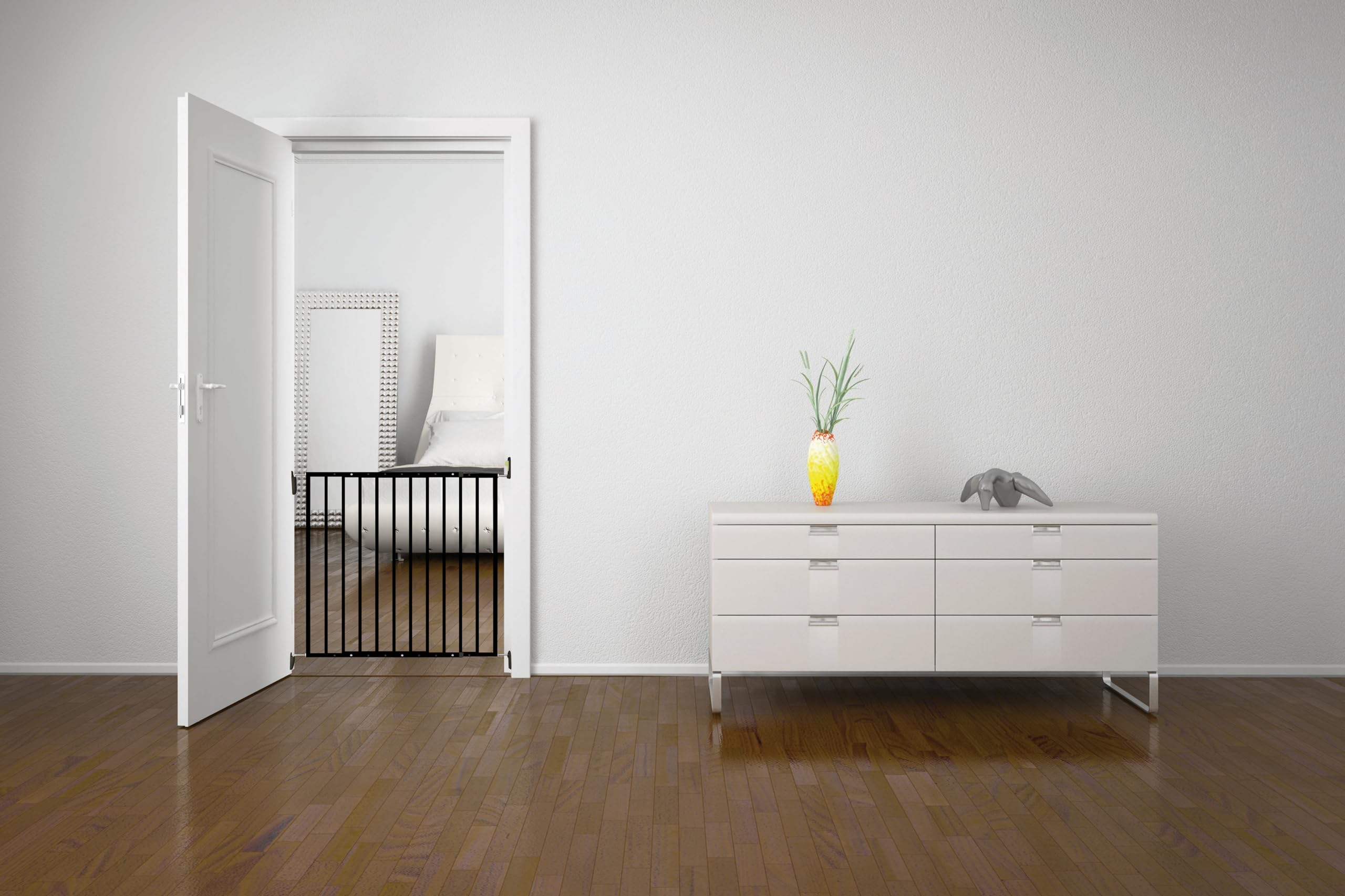 Barriera di sicurezza per bambini, design nero, in metallo, fissaggio tramite foratura, larghezza regolabile da 64 a 113 cm