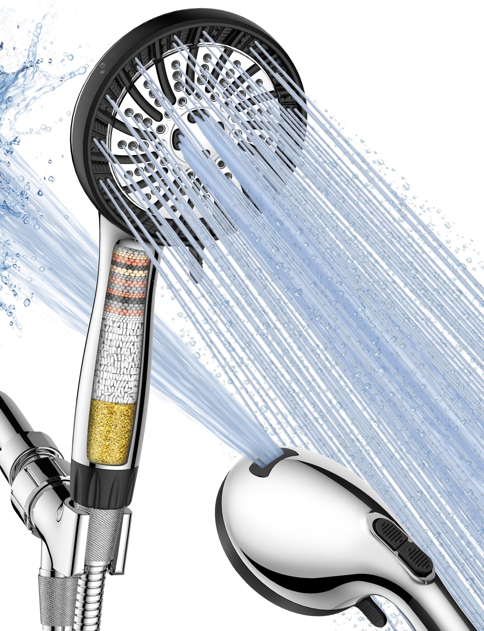 PWERAN High Pressure Shower Head with 15 Stage Filter, 8 Spray Modes Powerful Booster Handheld Hard Water Filter Shower Head and 1.5M Hose for Residual Chlorine Removal