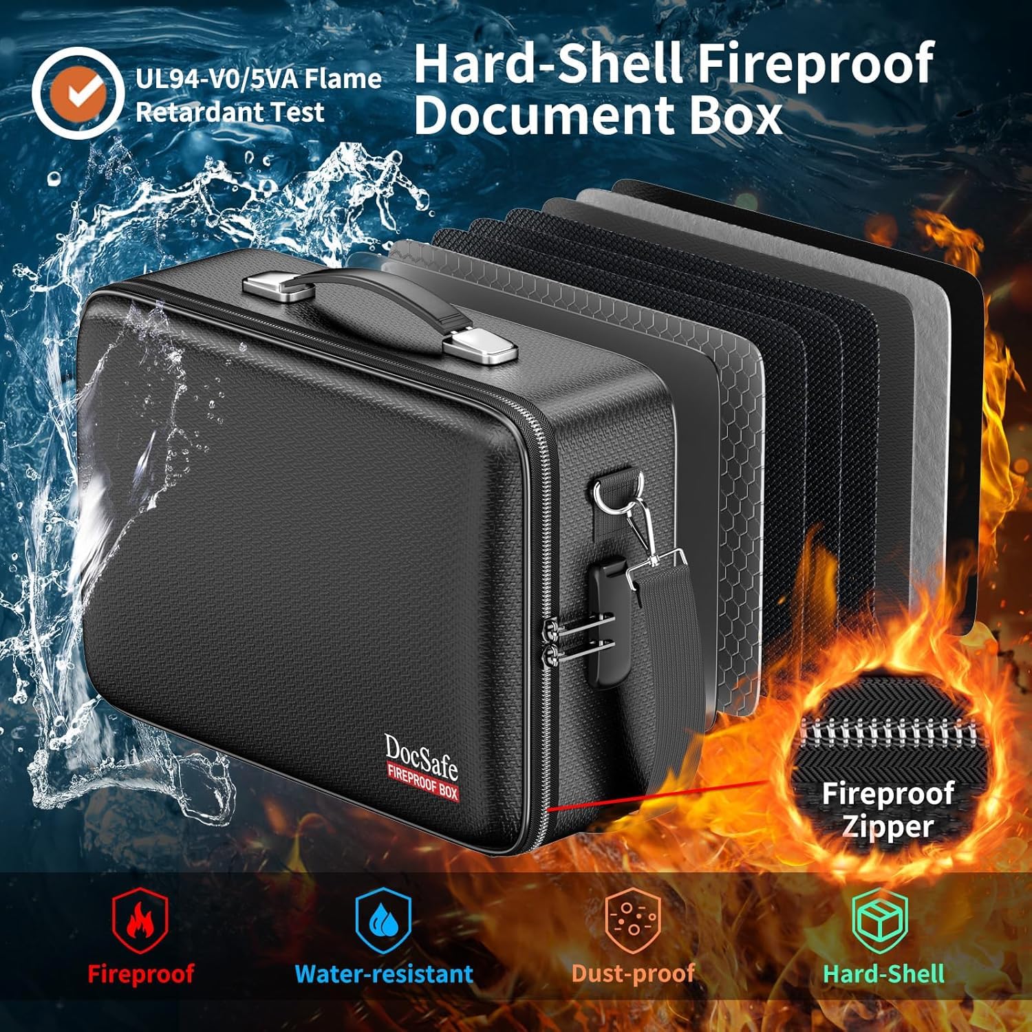 DocSafe Feuerfeste Dokumententasche mit Schloss,Hartschale | Dokumentenbox,Wasserdichte und Feuerfeste,Dokumentenaufbewahrung,für Wichtige Dokumente,Reisepass,38,5 x 28,5 x 13 cm