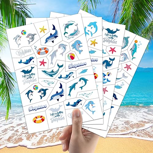 Miniatura 7 de Tatuajes temporales de delfines para niños, más de 100 animales submarinos con purpurina, lindos tatuajes falsos impermeables para niñas y niños,