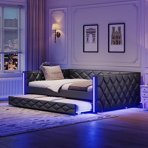 Full XL Size PU Upholstered Daybed with Trundle,Sofa Bed Frame with LED Lights for Living Room, Bedroom (Black-@W)