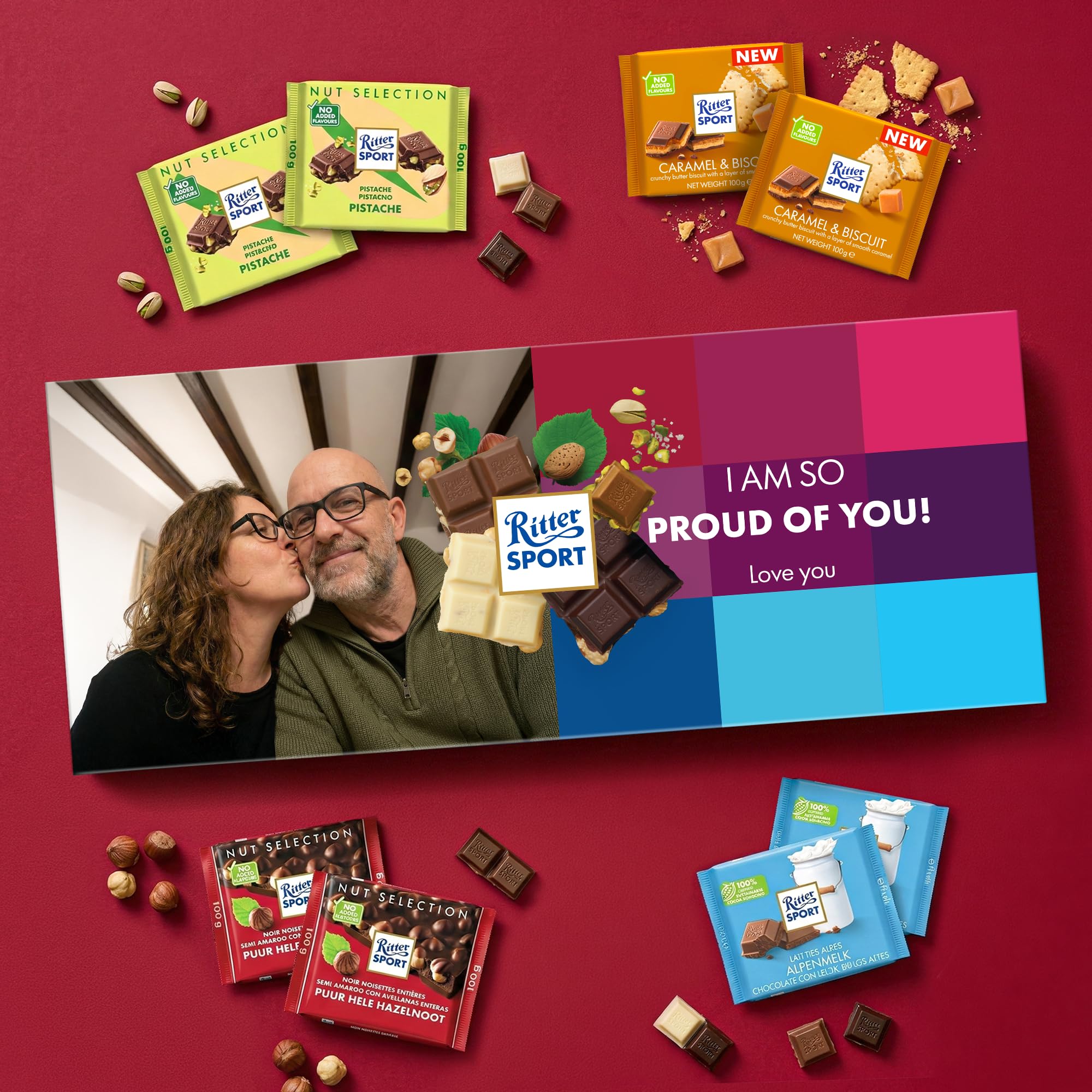 Mega Ritter Sport Schokoladentafel Personalisiert - Schokolade mit Namen personalisiert, Geschenk zum Geburtstag, Alpenmilch, Pistazie, Karamell Keks, Zartbitter ganze Haselnuss (XXL Ritter Sport)