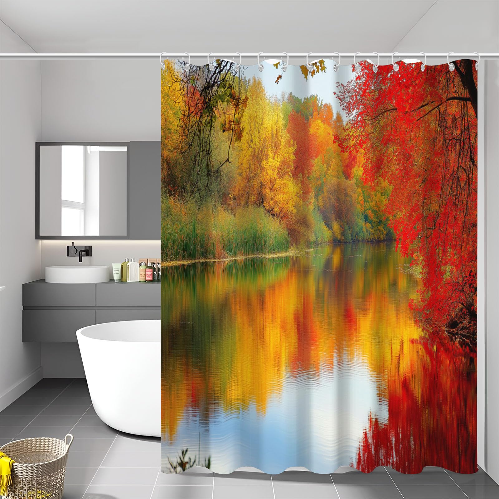 Rideau de douche 240 x 200 cm automne paysage en tissu beige et marron