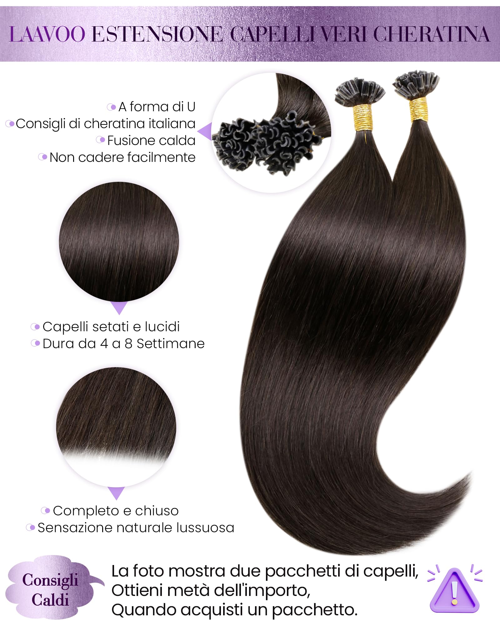 Totale 130g Extension Capelli Veri Cheratina con Extension Tessitura Capelli Veri PU OVO Weft Castano Scuro 60cm