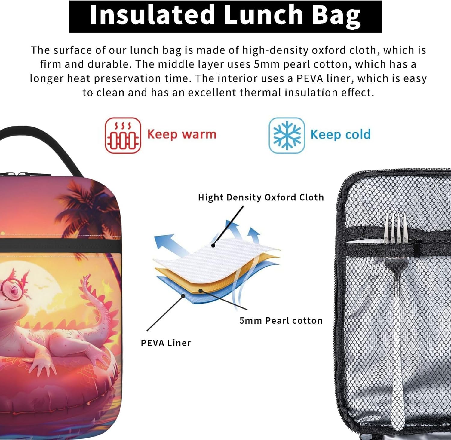 Insulated Lunch Box for Women Men, Axolotl Theme Lunch Box Reusable Portable Lunch Bag Cooler Tote Waterproof Lunch Container for Office Picnic Work Travel - Image 5