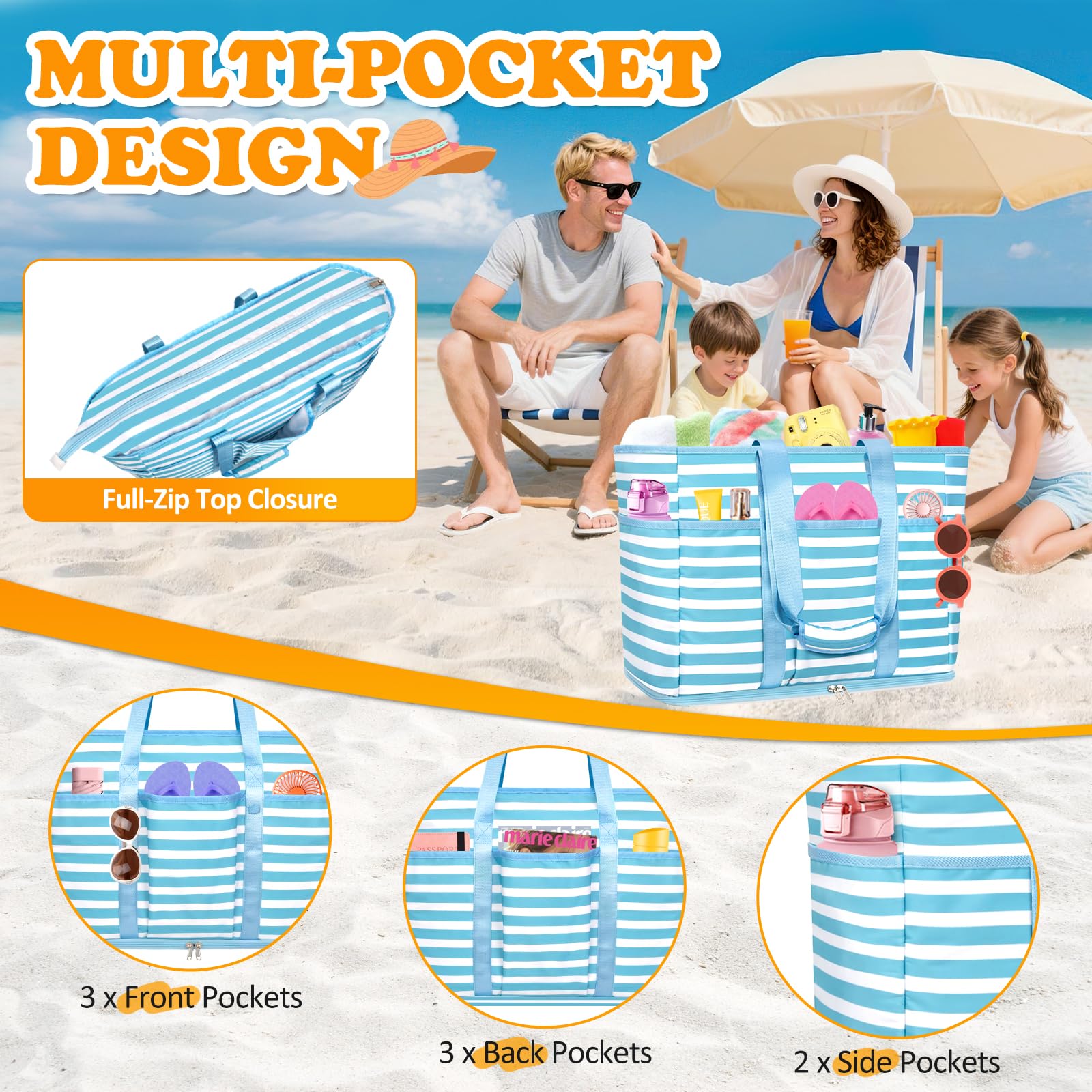 TEUEN Grand Borsa Mare con Zip Donna, 45L Borsa Mare XXL Famiglia con Zip Pieghevole Borsa da Spiaggia Impermeabile Borsa Beach Tote Bag per Piscina,Viaggio,Shopping,Vacanze