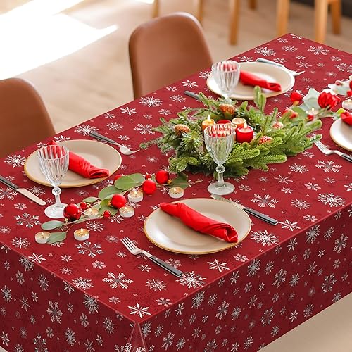 Miniatura 8 de Paquete de 6 manteles de plástico con diseño de copo de nieve rojo y blanco, desechables, para invierno, Navidad, vacaciones, Año Nuevo, suministros