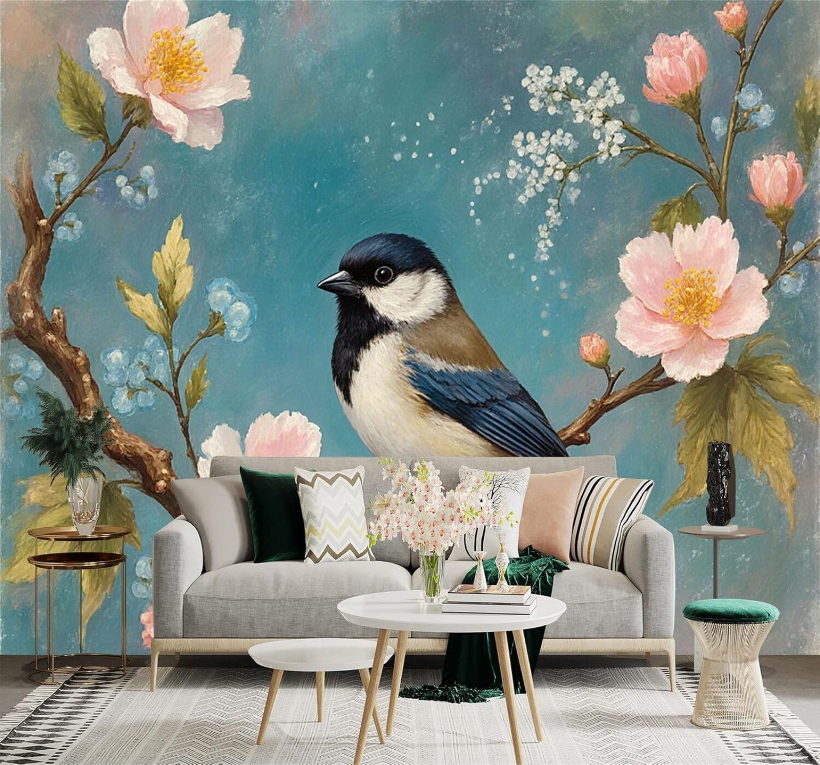 Xlming 200Cm×140Cm(B×H) Hand Painted Watercolour Blue Tit Perched On A Branch Laden With Flowers A Spring Scene 3D Wallpaper Silky Texture Home Study Office Grey Dining Room Sofa Bedroom Living Room Tv Backdrop-200Cm×140Cm