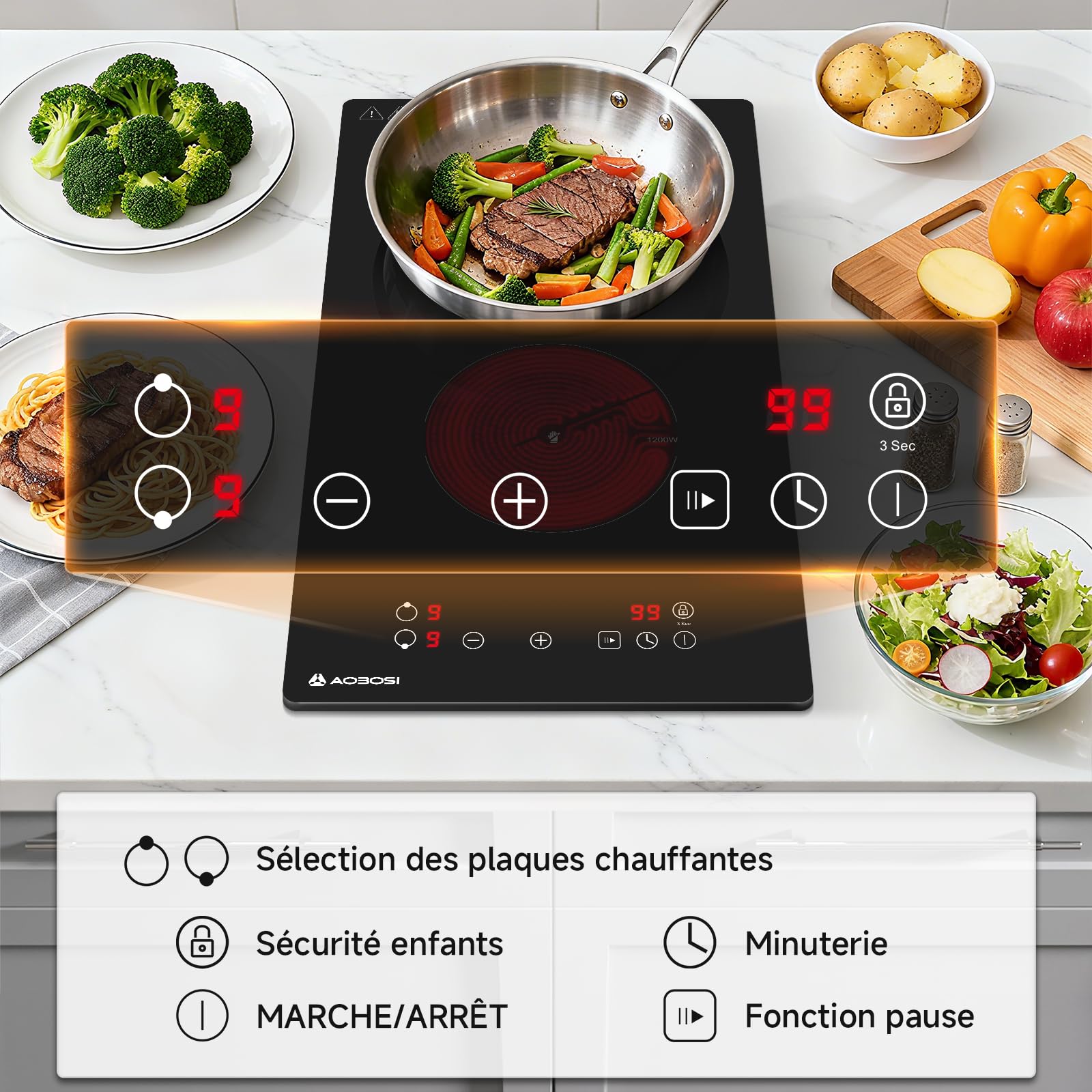 Aobosi Plaque Vitrocéramique 2 Feux, Plaque de Cuisson Encastrable en Céramique avec 9 Niveaux de Puissance, Commande Tactile, Fonction Pause,Sécurité Enfants, Timer 99 min, 3000 W