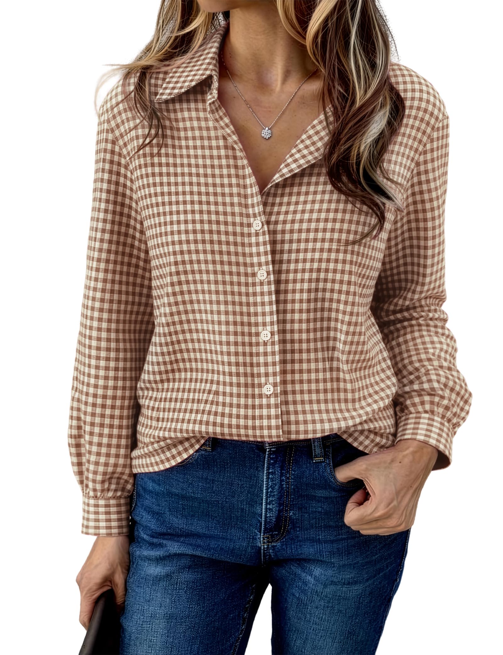 Aottori Karierte Bluse Damen Baumwolle Langarm Hemd Button Down V-Ausschnitt Blusen Elegant Casual Holzfäller Frauen Trachtenbluse Oktoberfest