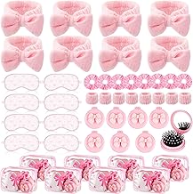 Honeydak 48 Pcs/ 8 Set Pink Bow Coquette Party Favors for Sleepover Spa Party Supplies Trip Weekend Girls Gifts, Folding Hairbrush with Mirror Eye Mask Headband Wristband Scrunchie Makeup Bag