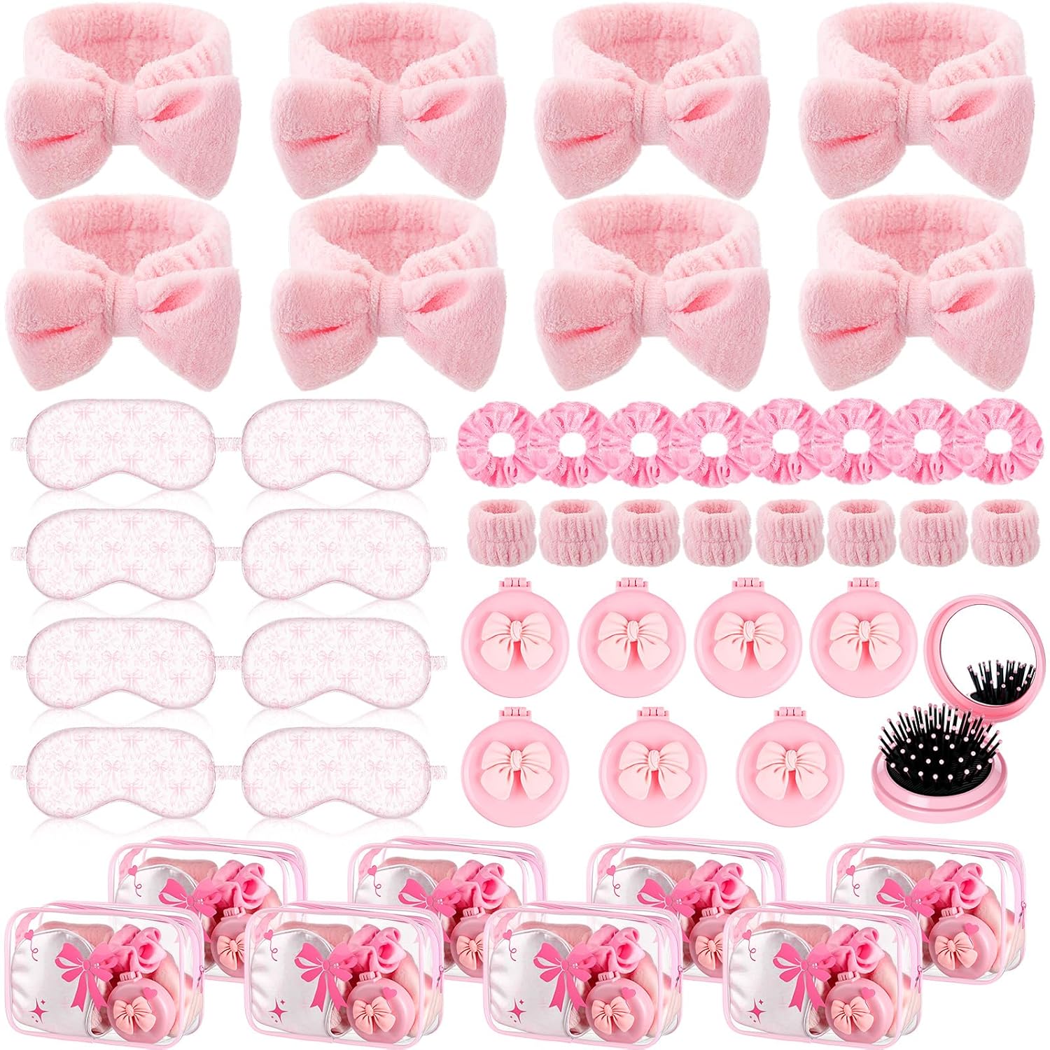 Honeydak 48 Pcs/ 8 Set Pink Bow Coquette Party Favors for Sleepover Spa Party Supplies Trip Weekend Girls Gifts, Folding Hairbrush with Mirror Eye Mask Headband Wristband Scrunchie Makeup Bag
