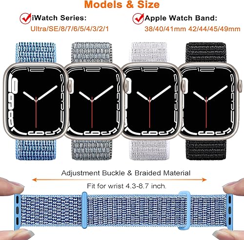 Vista 19 de 4 Pack Nylon Sport Band Compatible with Apple Watch Band 42mm 44mm 45mm 49mm Women Men, Adjustable Stretchy Solo Loop Strap for iWatch Series