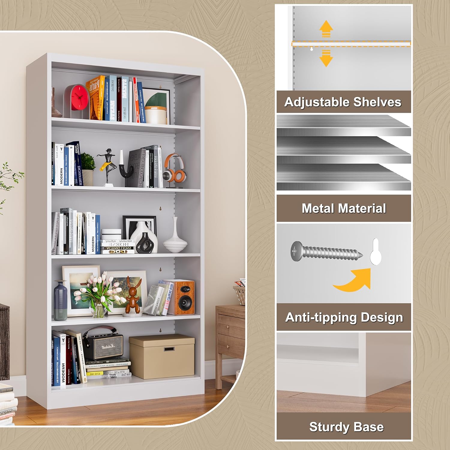 66” Tall Metal Bookcase, 5-Shelf Book Case with Adjustable & Extra Deep 14” Shelves, Heavy Duty Storage for Books, Vinyl Records, Home Office, Library, Living Room, Garage, White
