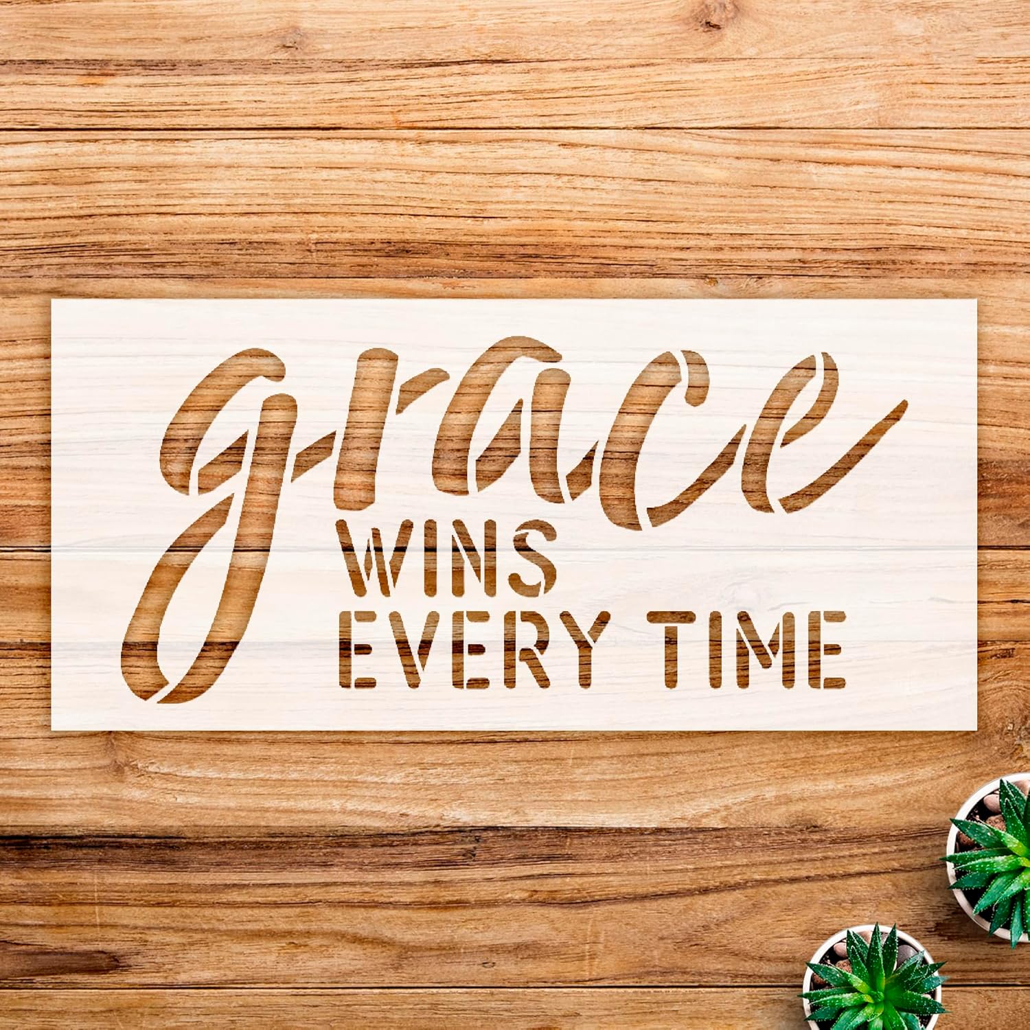 Grace wins Stencil Pattern for Wood Signs and Crafts, Reusable Mylar Template, Elegant Cursive Design, Ideal for Home Decor and Faith-Based Projects - Size A2 (23.4" x 11.0")