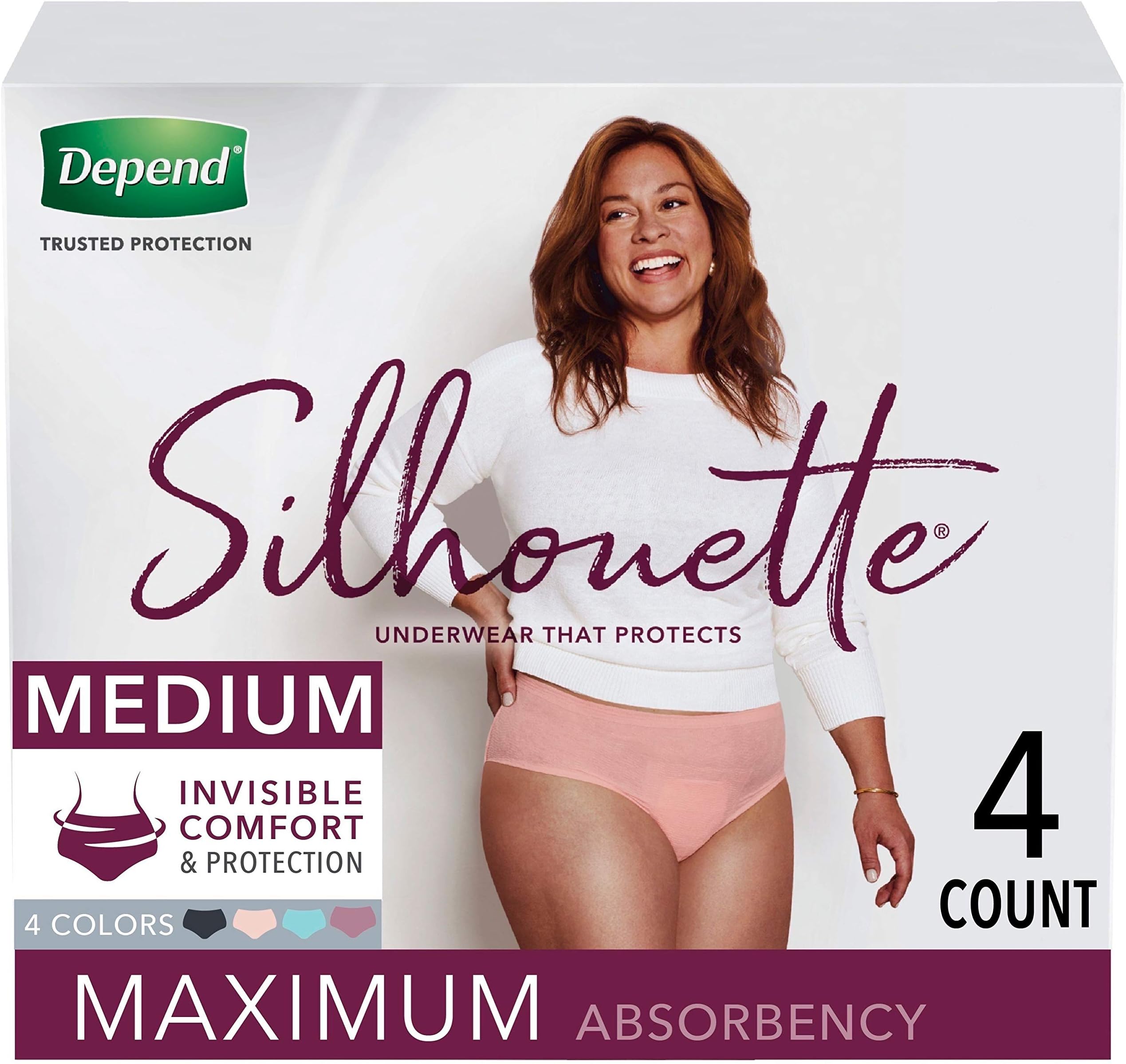 Silhouette Incontinence and Postpartum Underwear for Women, Maximum Absorbency, Disposable, Medium, Pink/Black/Teal/Berry, 4 Count