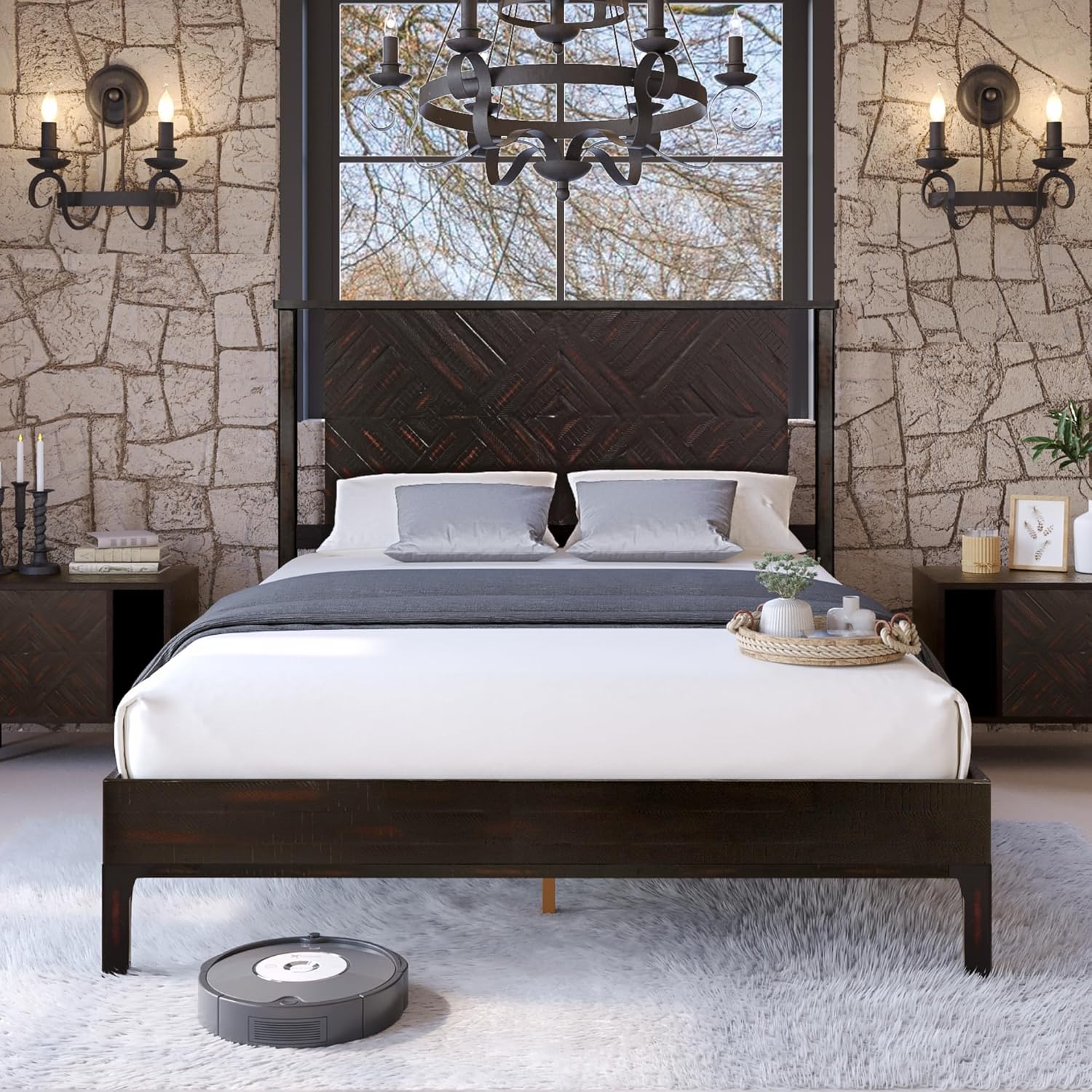 Bme Ethan KING Bed Frame with Diamond Headboard, Mid-Century Modern, Solid Acacia Wood, No Box Spring Needed, Fits All Mattresses, Rustic Black Ethan Bed Frame Rustic Black Queen