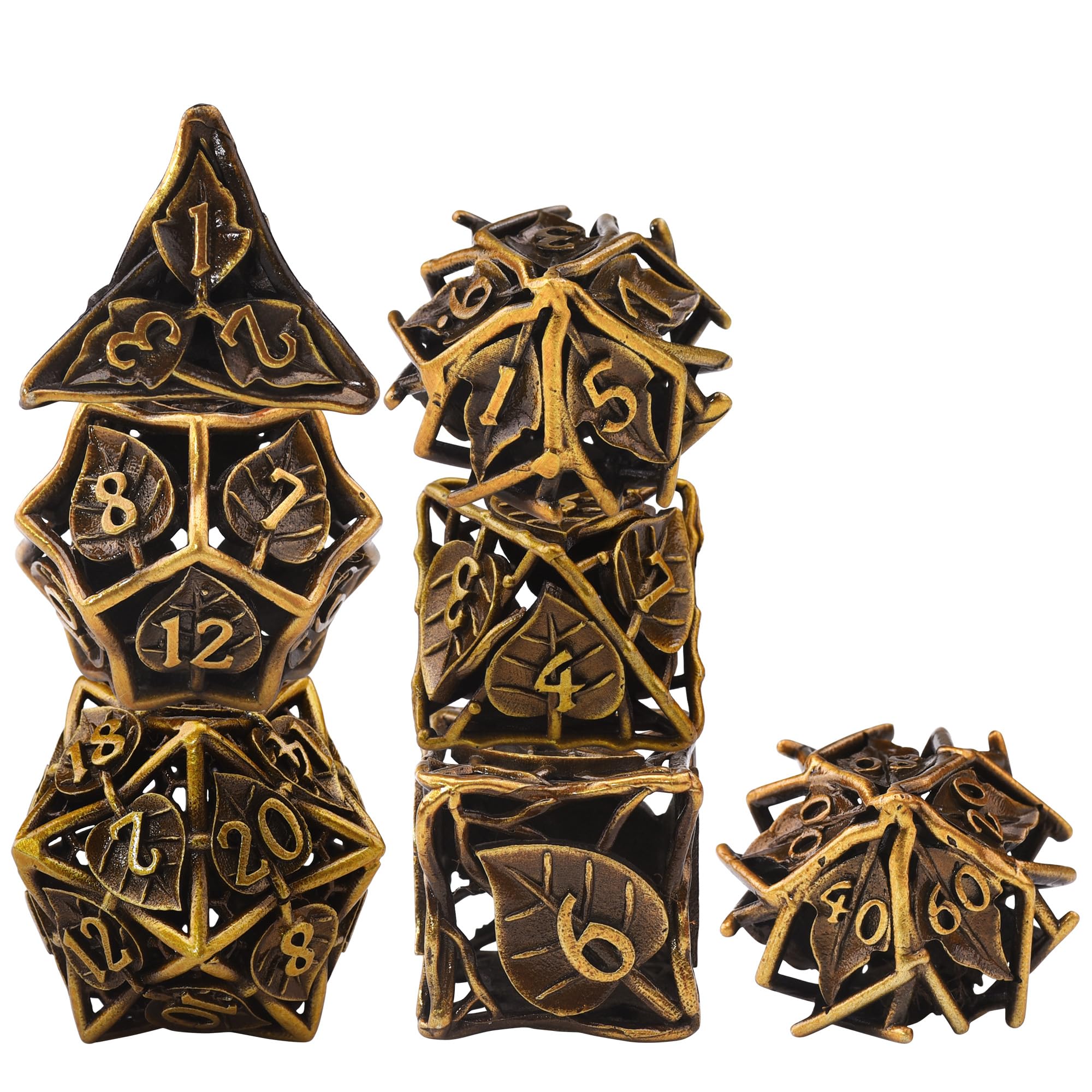 SIQUK 7 Pièces Jeu de Dés DND, Dés Polyédriques Creux Dés Métal D4/D6/D8/D10/D12/D20/D% Dice pour Donjons et Dragons RPG D&D（Antique Or）
