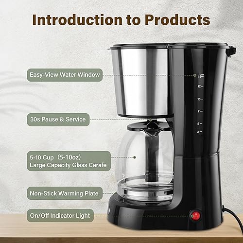 Miniatura 8 de YSSOA Cafetera de goteo de 12 tazas, Máquina de café antigoteo, Función de mantenimiento automático del calor, Cafeteras de ventana de nivel de agua