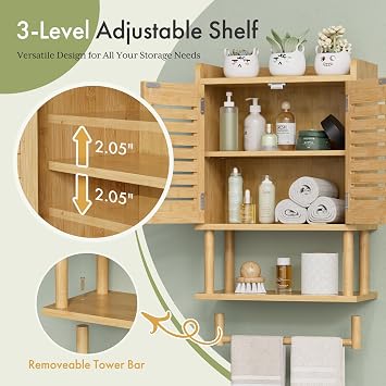 AmazerBath Bathroom Wall Cabinet, Bamboo Over The Toilet Storage Cabinet, Hanging Medicine Cabinets with Towel Bar, Wall Mounted Storage Shelf with Adjustable Shelves for Small Spaces