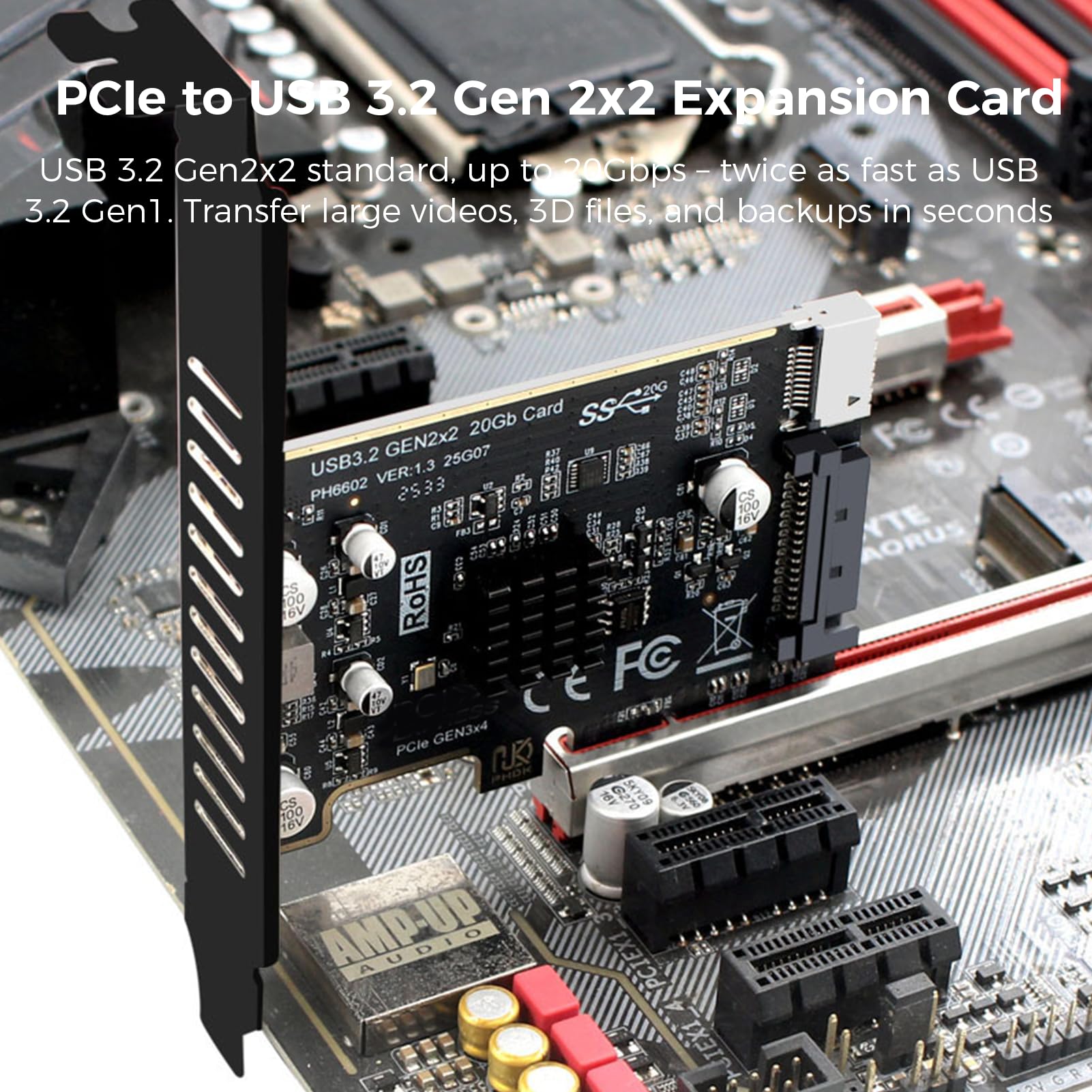 Karta rozszerzeń PCIe PH6602 na USB 3.2 Gen 2x2, Adapter Przedniego Gniazda 20 Gb/s Typu E z Kluczem A, Wewnętrzny Konwerter Typu C z 15-pinowym Złączem Zasilania SATA ASM3242