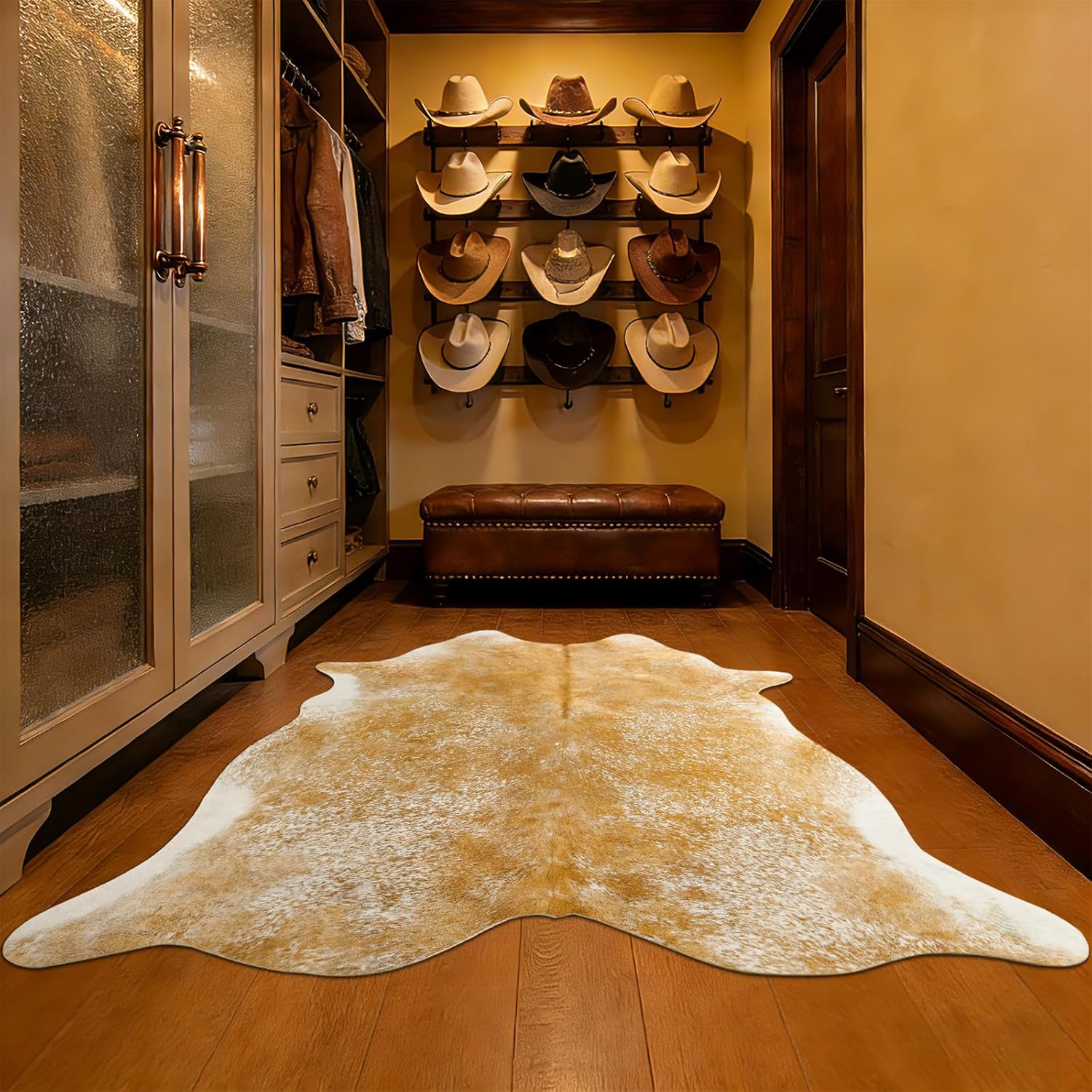 Cowhide Rug for Bedroom, Washable Cow Hide Rug, Small Faux Animal Skin Rugs, Non-Slip Cow Print Area Rugs, 3x4Ft Cowhide Rugs for Bedroom Office Kitchen Entryway, Beige