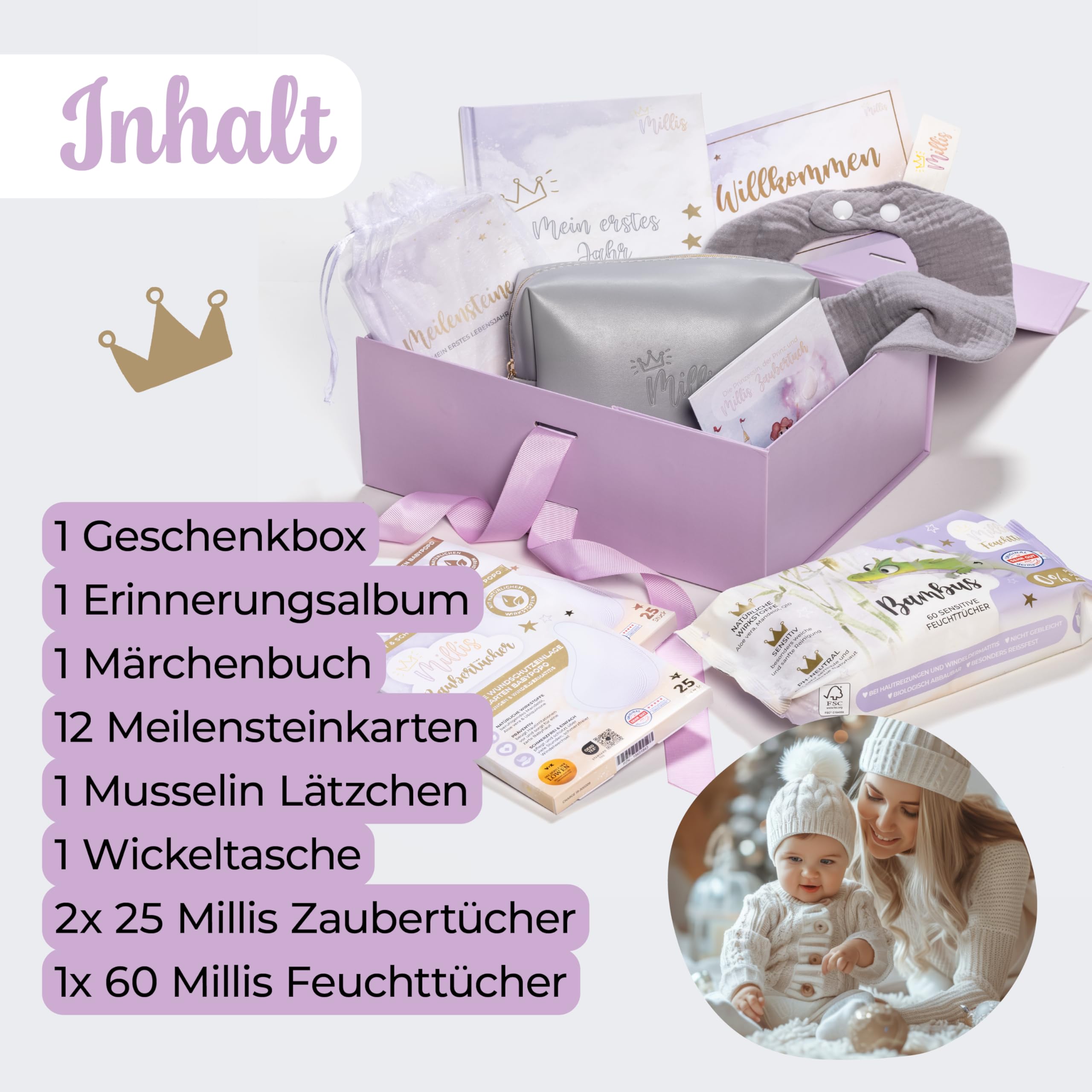 Millis Coffret cadeau bébé 8 pièces avec produits | Cartes de jalons, lingettes humides en bambou Millis & lingettes magiques Millis Bavoir Album de souvenirs, livre de contes de fées, sac à langer et