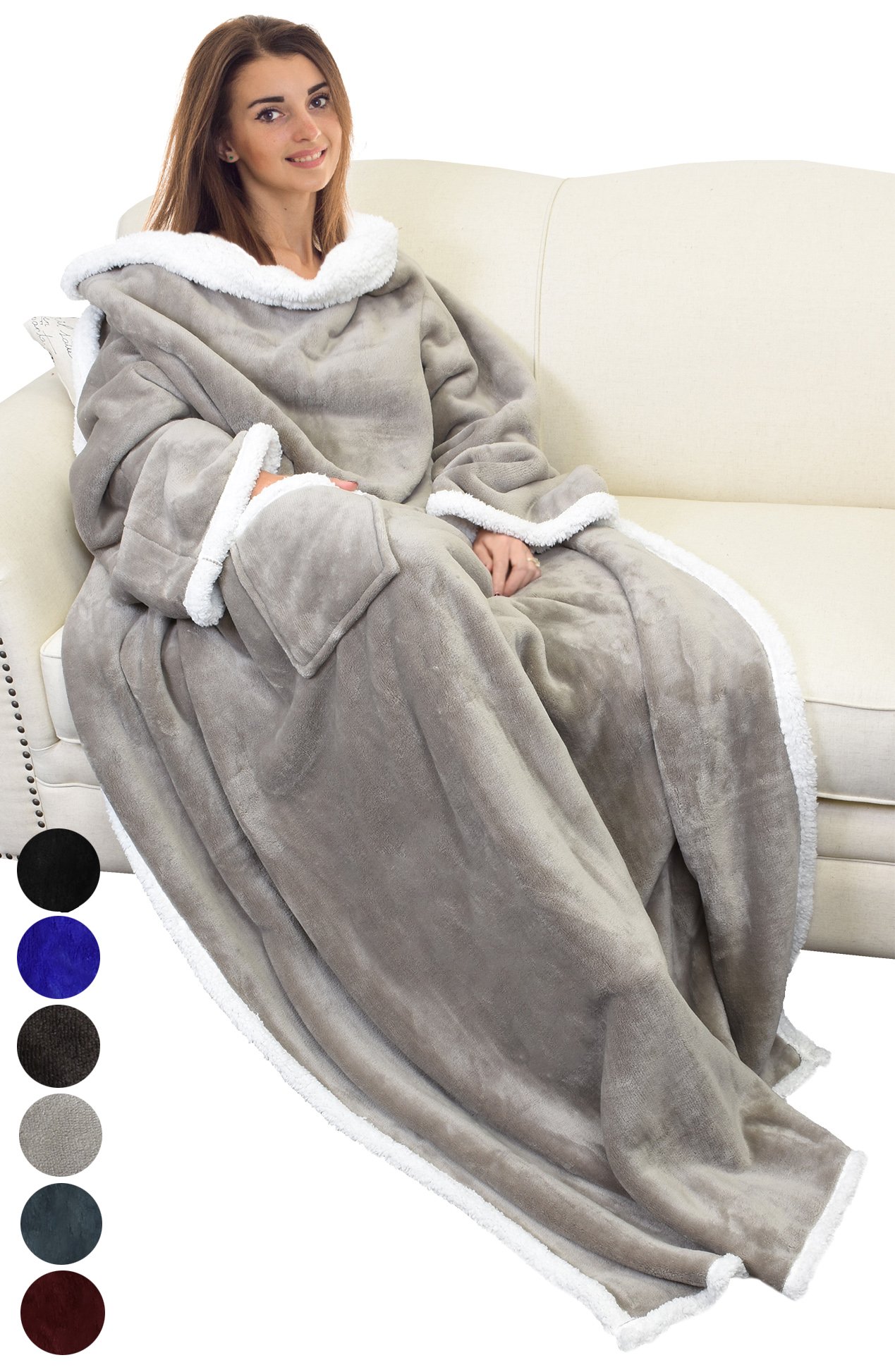 Catalonia Sherpa Wearable Blanket with Sleeves Arms,Super Soft Warm Comfy Large Fleece Plush Sleeved TV Throws Wrap Robe Blanket for Adult Women and Men