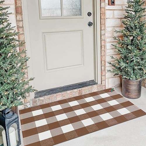 Miniatura 1 de KOZYFLY Buffalo - Alfombra a cuadros de 27.5 x 43 pulgadas, alfombra de cuadros color café y blanco, lavable para puerta delantera, alfombra de