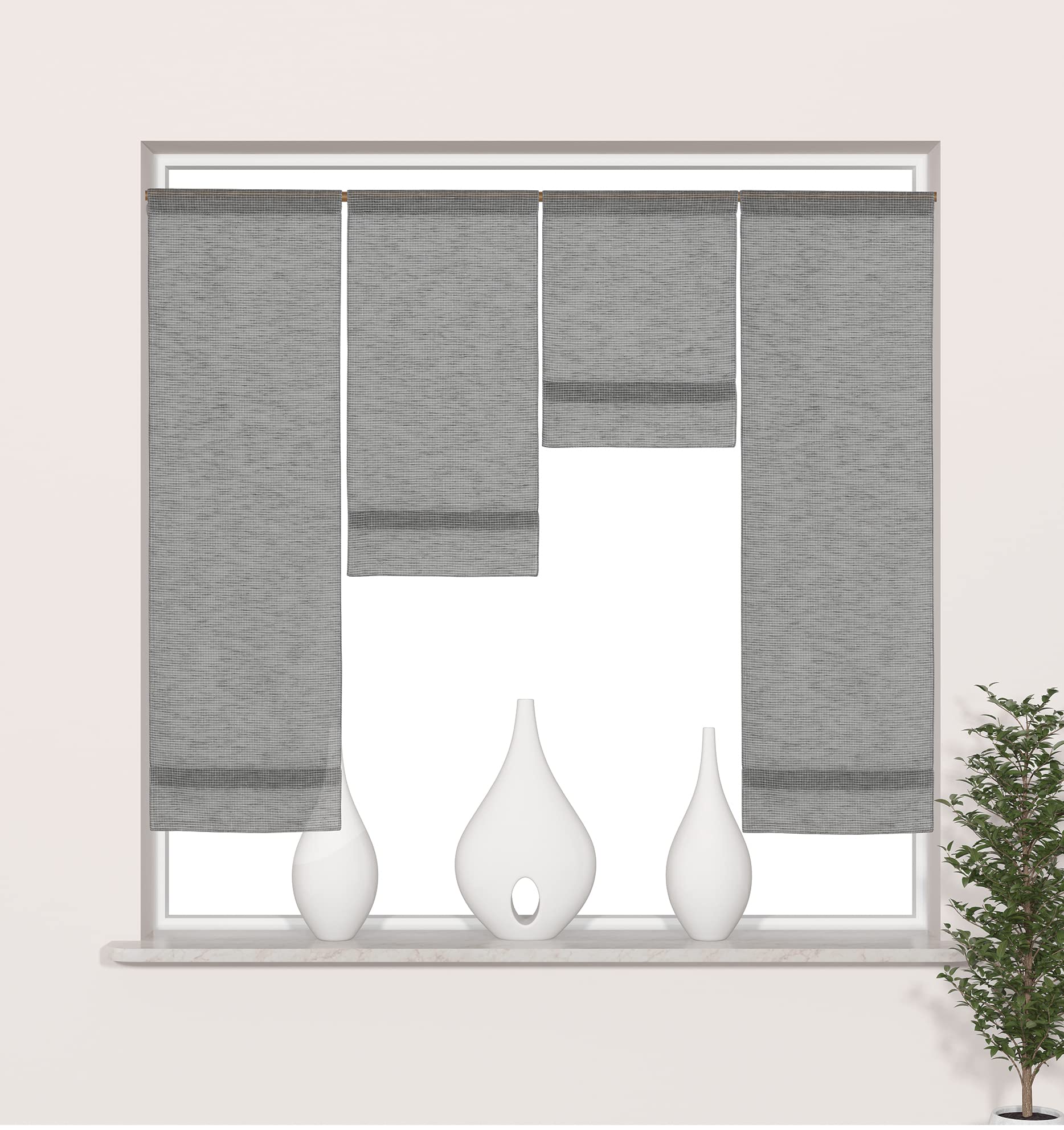 Design Mini Flächenvorhang Set grau kariert | 4050-04 | 4 Teile | Scheibengardine Gesamtbreite 120cm (4x30cm) Höhe 80/60/40/80cm |