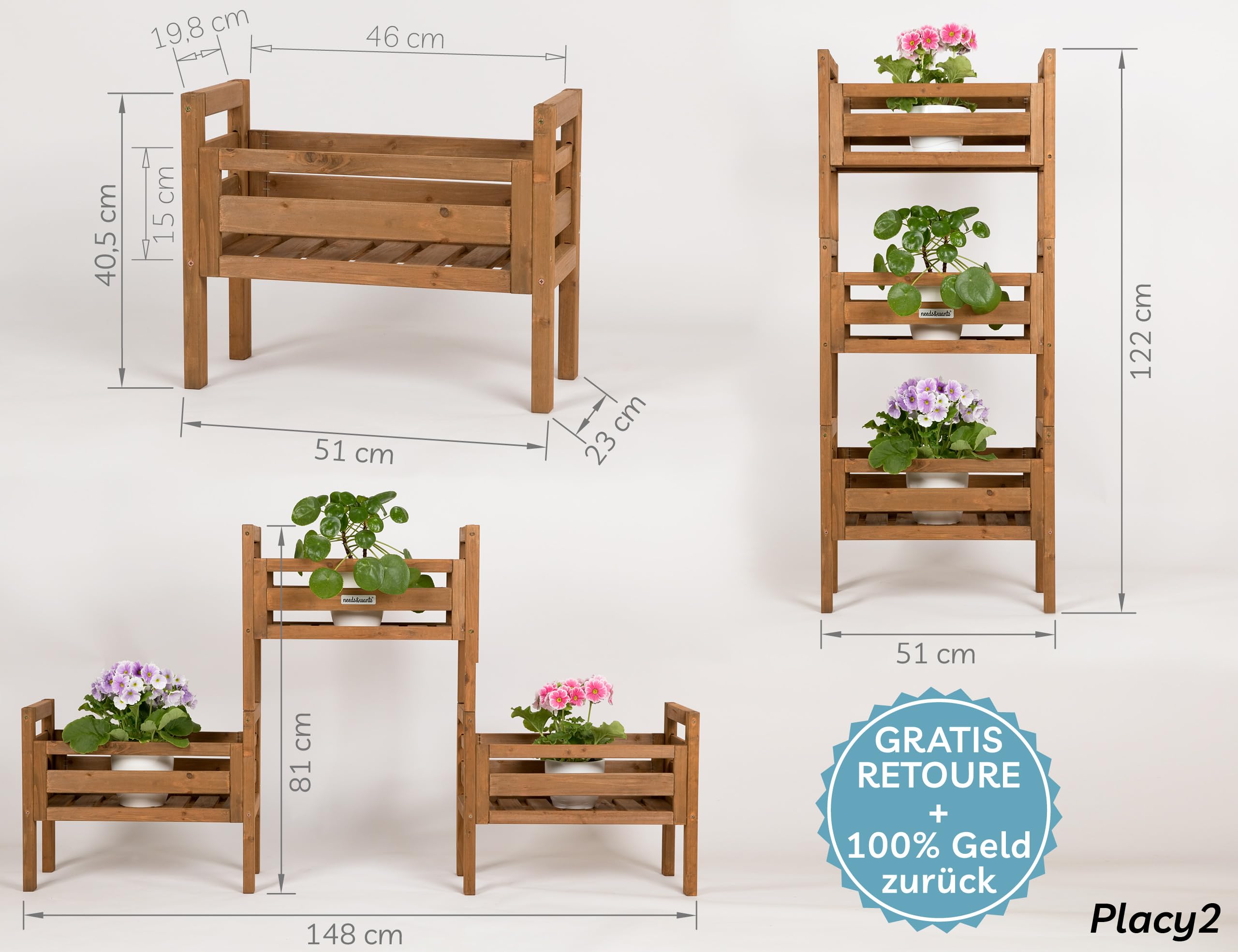 needs&wants® 3-fach multifunktional: Pflanzenständer Blumenständer aus Holz wetterfest für Indoor Outdoor Balkon Garten Wand, Pflanzenregal Blumentreppe, braun