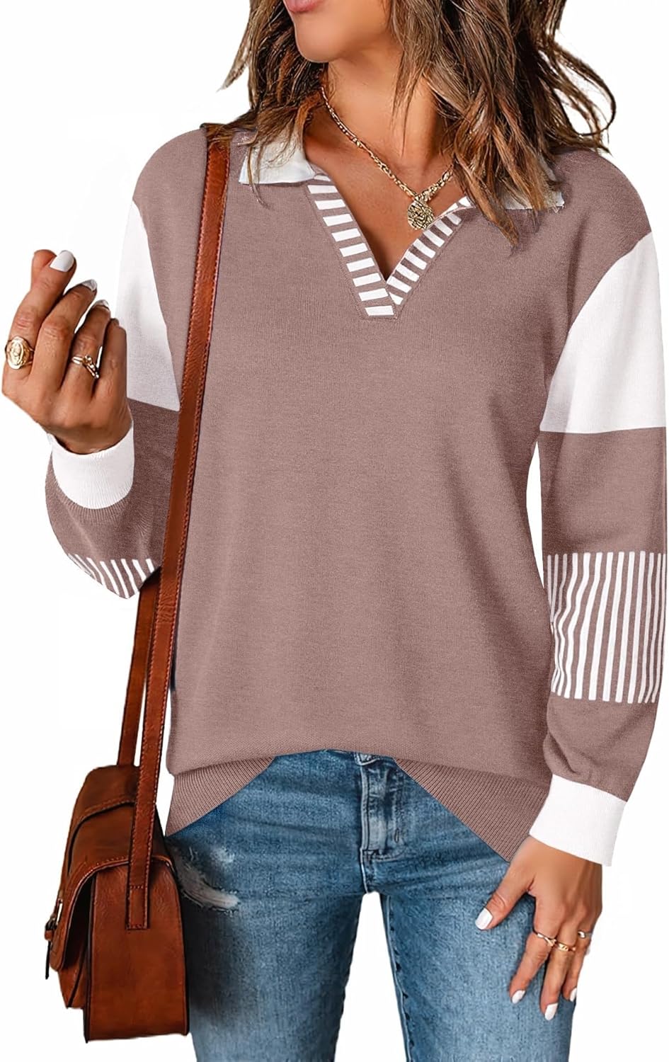 LOMON V Neck Long Sleeve Loose Sweaters Color Block Striped Knitted Pullover Jumper Tops